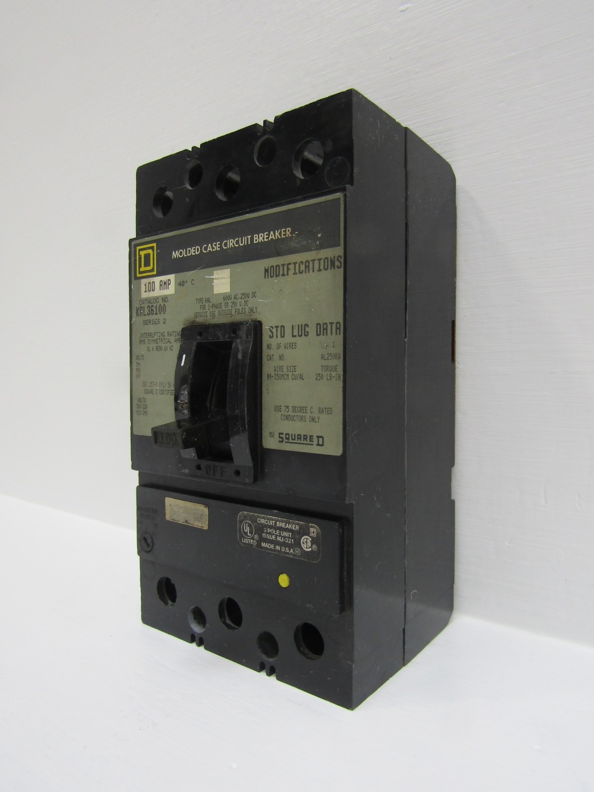 Square D KAL36100 100 Amp 600V 3 Pole Circuit Breaker 100A 600 VAC