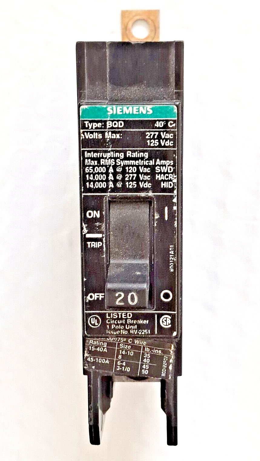 SIEMENS BQD120 20 AMP 1P POLE 120/277V BOLT ON CIRCUIT BREAKER FREE SHIPPING