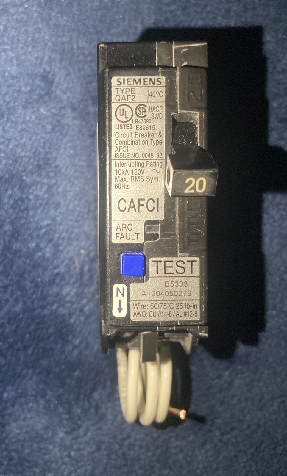 Siemens QA120AFC 20-Amp Single Pole 120V Plug-On Combination AFCI Breaker QAF2