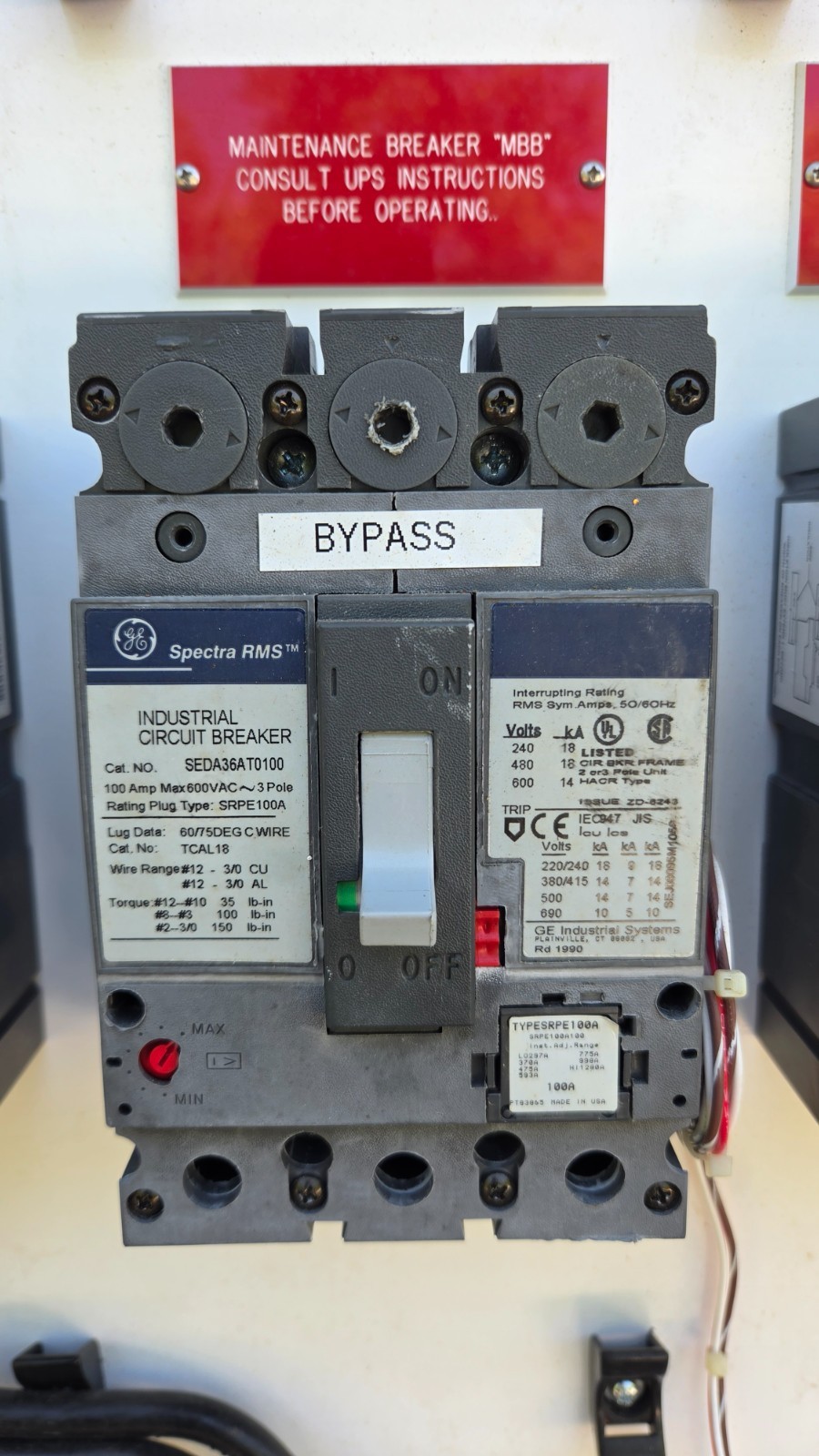 (3) GE SEPA36AT0100 Spectra RMS 100A 3 Pole 600V Circuit Breaker & Custom Panel