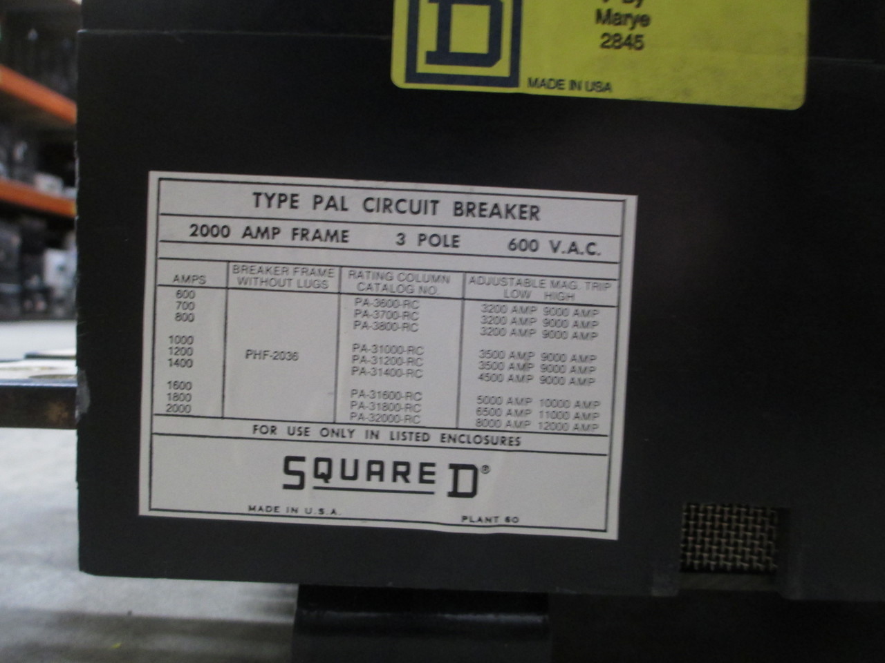 Sq D PHF2036 2000A Frame 1000A Rated 3P 600V Circuit Breaker MO/FM Used E-Ok