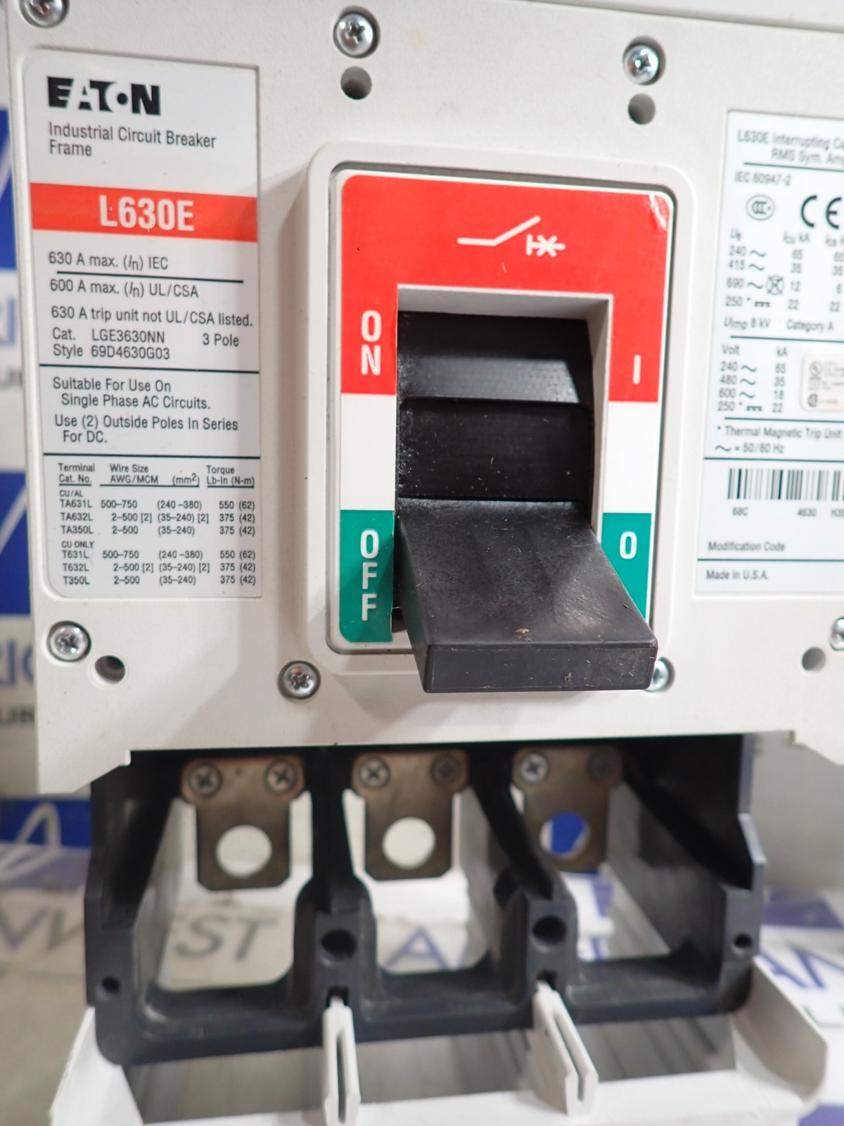 Cutler Hammer LGE3630NN Breaker FRAME ONLY 600 VAC 3 Pole Type L630E 35kA@480v