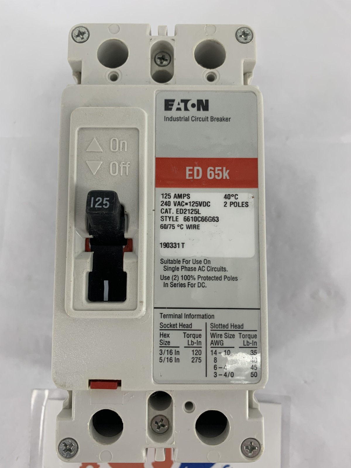 Eaton Cutler-Hammer ED2125L 125A 2P 240VAC Molded Case Circuit Breaker F-Frame