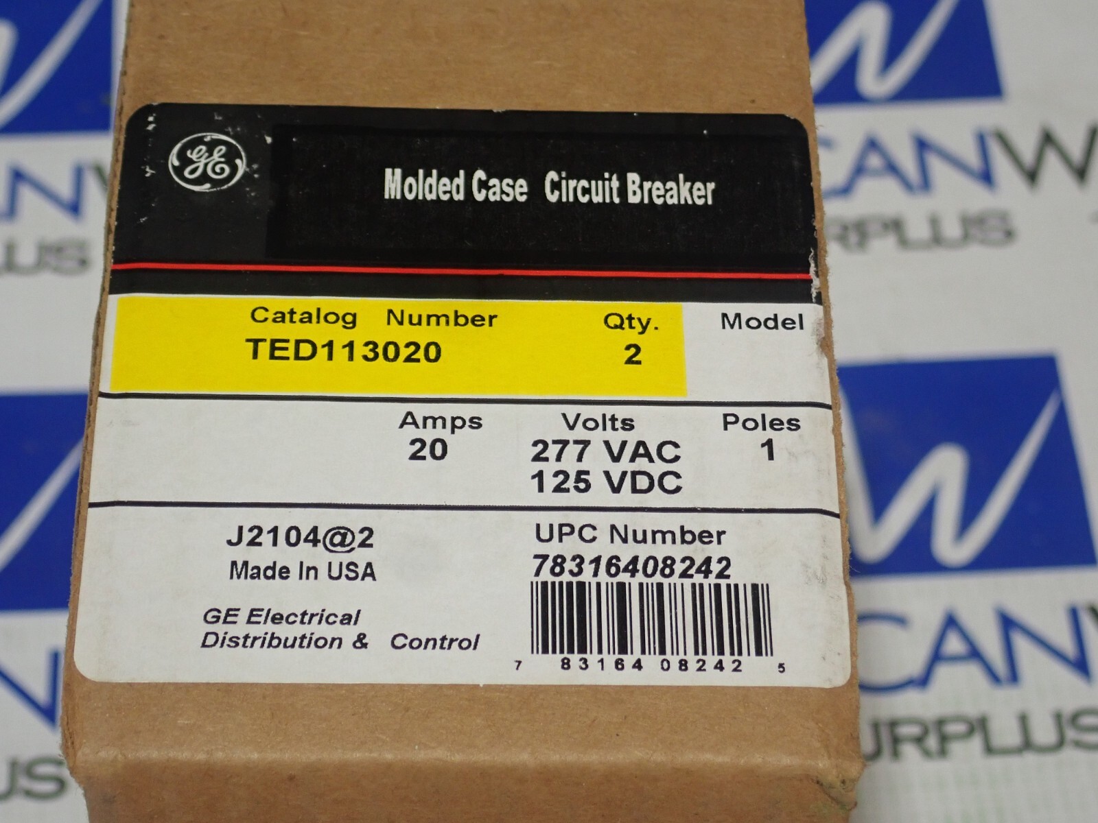 New GE TED113020 1 Pole 20 Amp 277V Circuit Breaker Quantity 2 in box