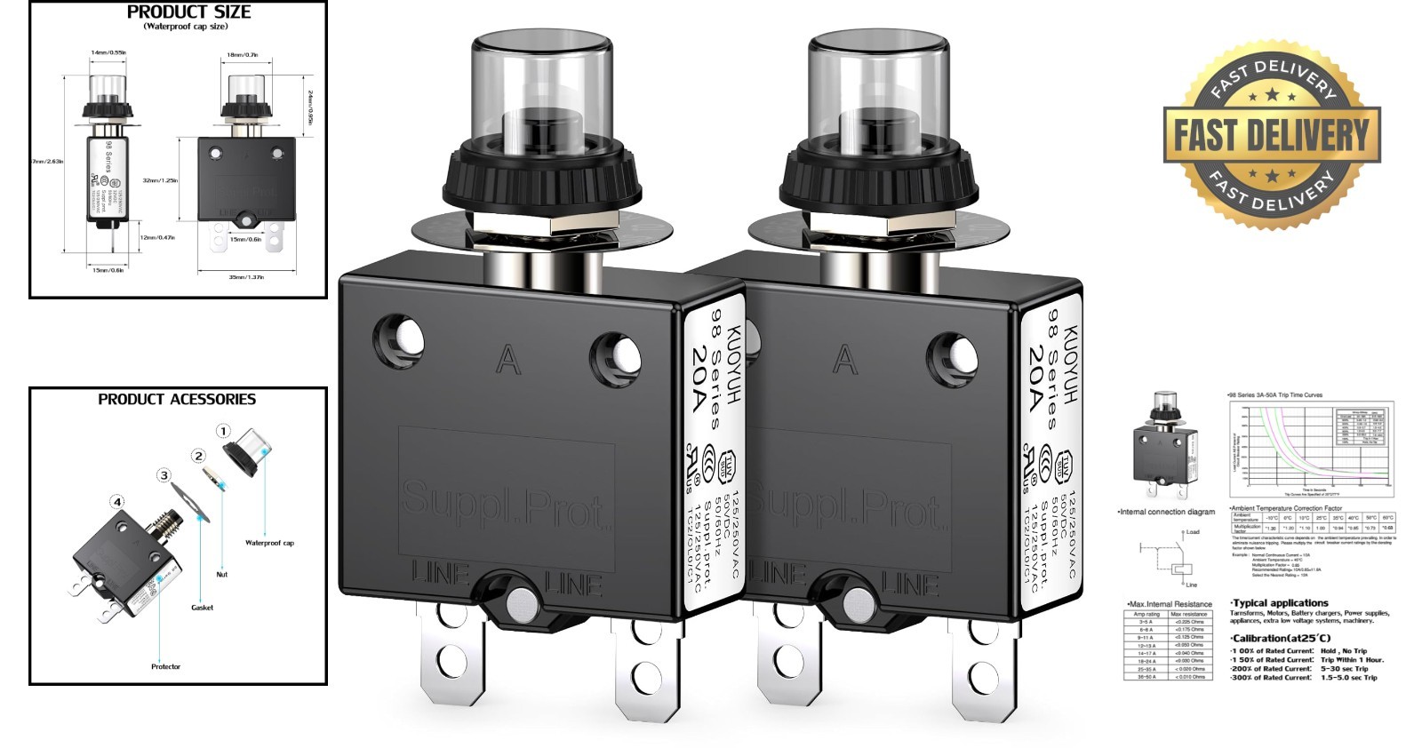 Din Rail Mount 20 Amp Circuit Breaker, Waterproof with Quick Connect – 2 Pack
