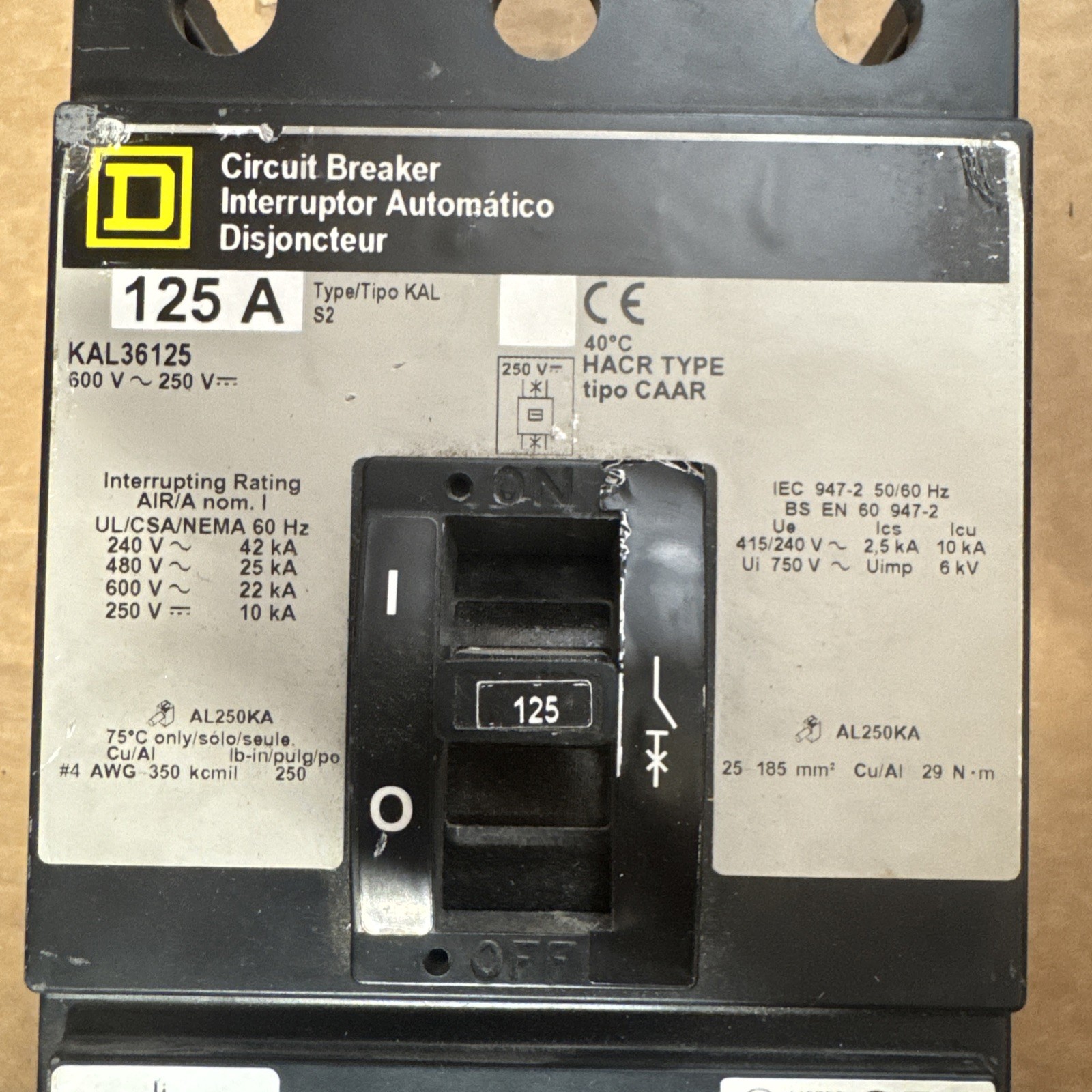 Square D KAL36125-1021 / 125 Amp Circuit Breaker w/ Shunt Trip 600 volt Bolt On
