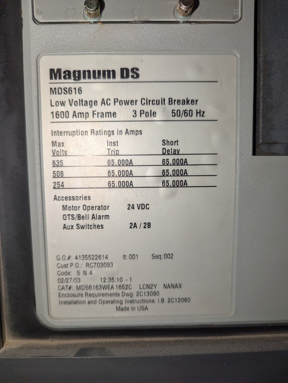 EATON CUTLER-HAMMER MAGNUM DS MDS6163WEA 1600AMP LOW VOLTAGE AC CIRCUIT BREAKER
