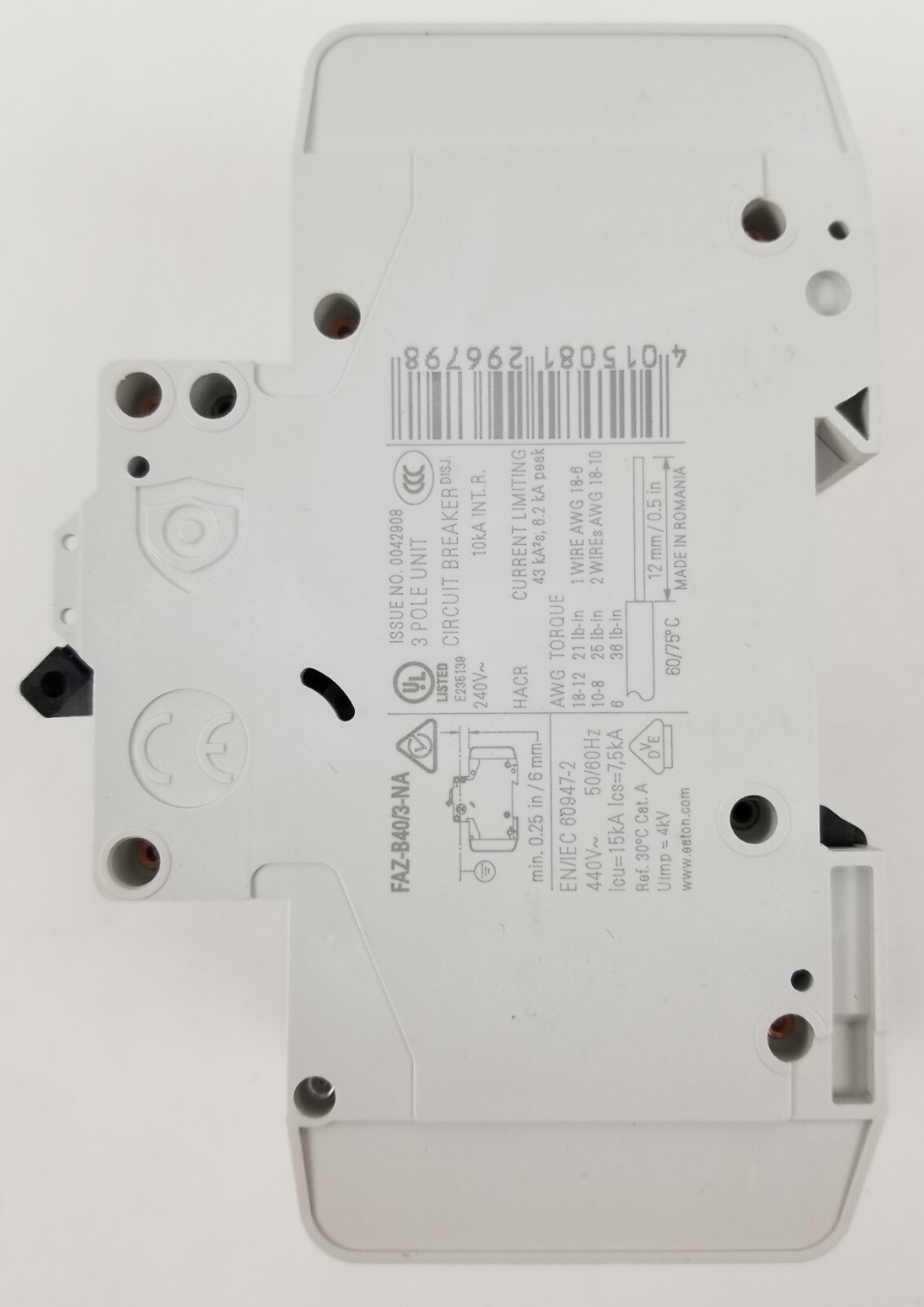 EATON Cutler Hammer FAZ-B40/3-NA Circuit Breaker 40A 240/415Vac 3P Din Rail NEW