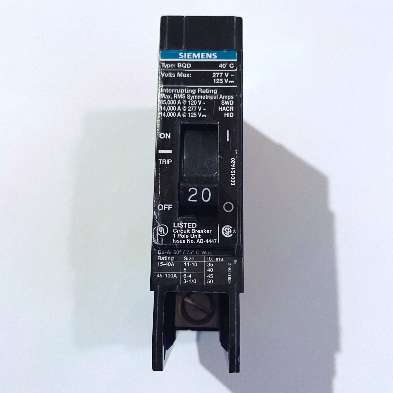 Siemens BQD120 20 AMP Bolt-On Circuit Breaker 277 VAC 1 POLE 14kA@277V