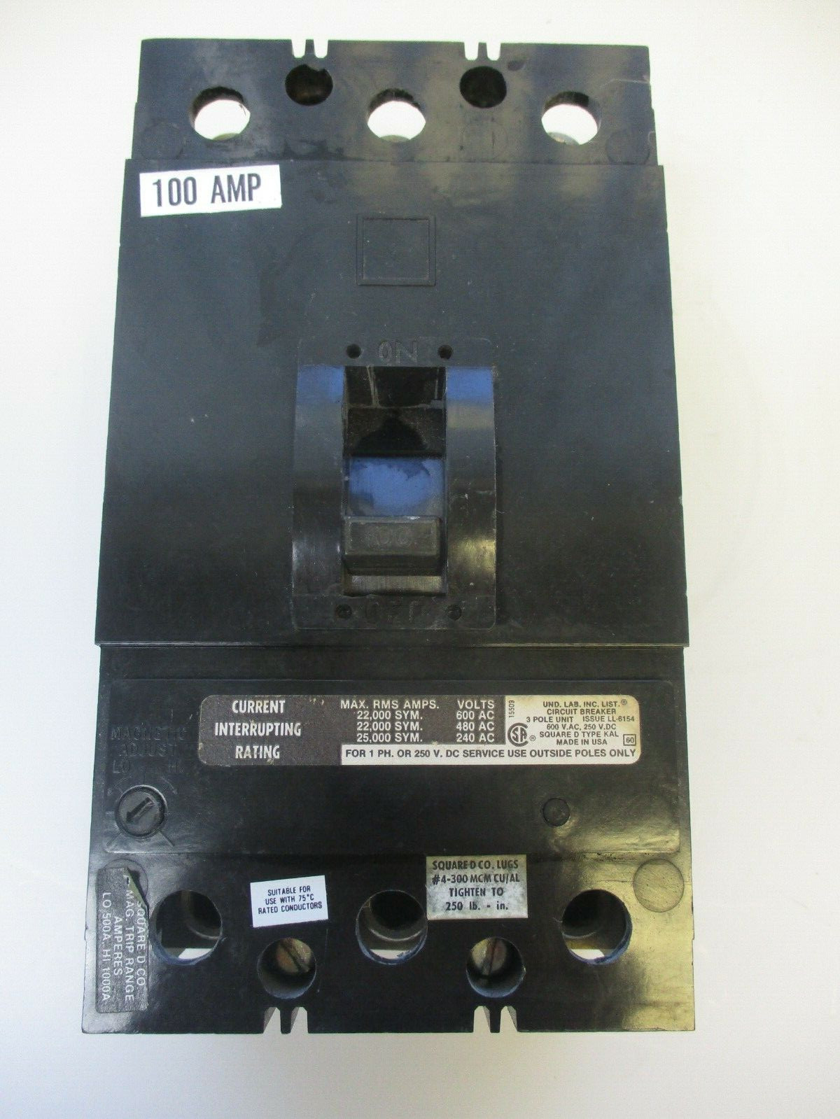 SQUARE D CIRCUIT BREAKER CAT# KAL-36100, 100AMP 3POLE, 600VAC, 250 VDC