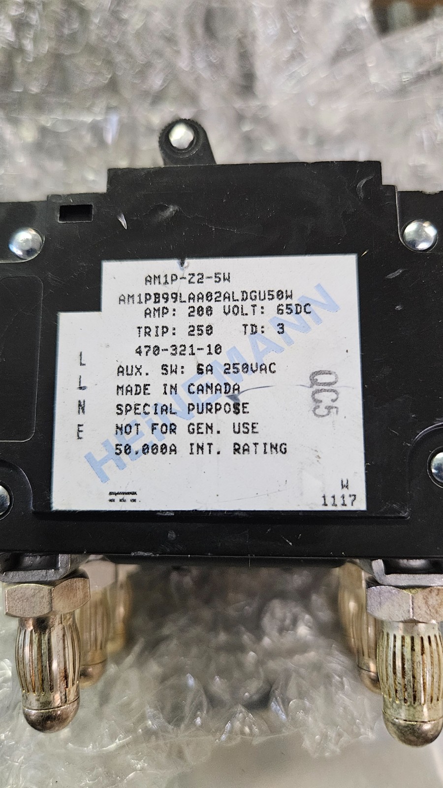 Heinemann AM1P-Z2-5W 2 Pole Circuit Breaker 200 AMP, 65DCV