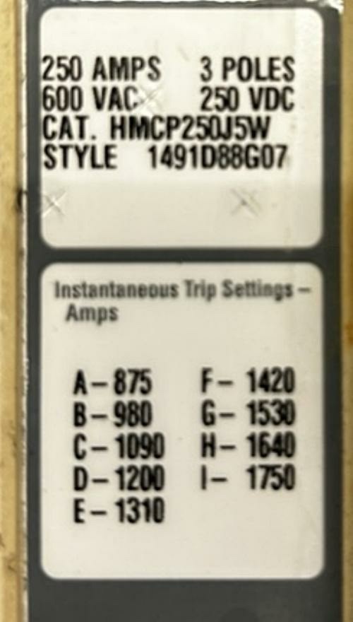 Eaton 250A 600V Breaker HMCP250J5W -Used