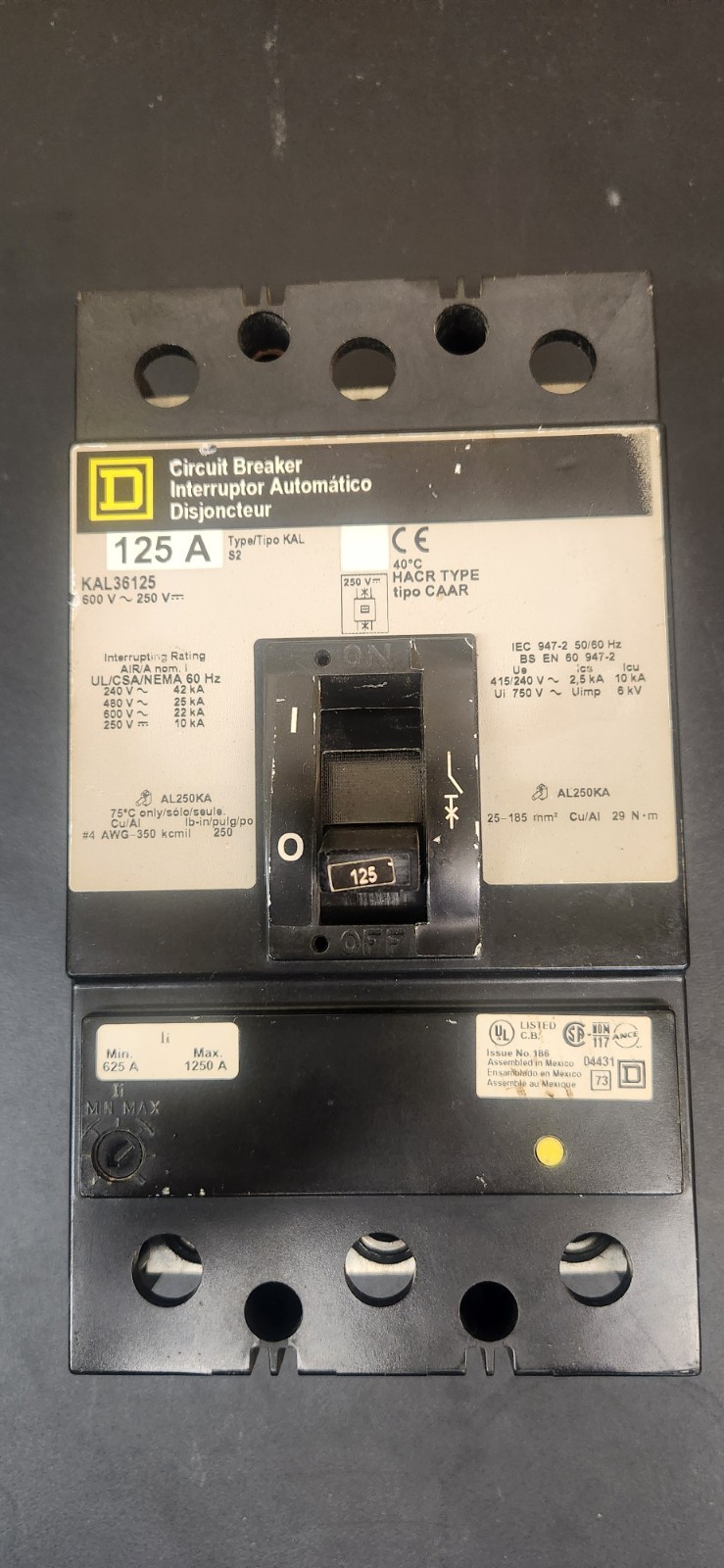 Square D KAL36125 Circuit Breaker 125A 3-Pole 600V Industrial Thermal
