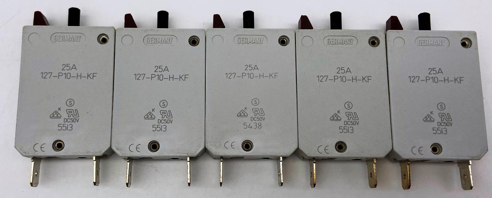 Qty 5, E-T-A 12-P10-H-KF Resettable 25 Amp Circuit Breakers, 250VAC, 28VDC, ETA