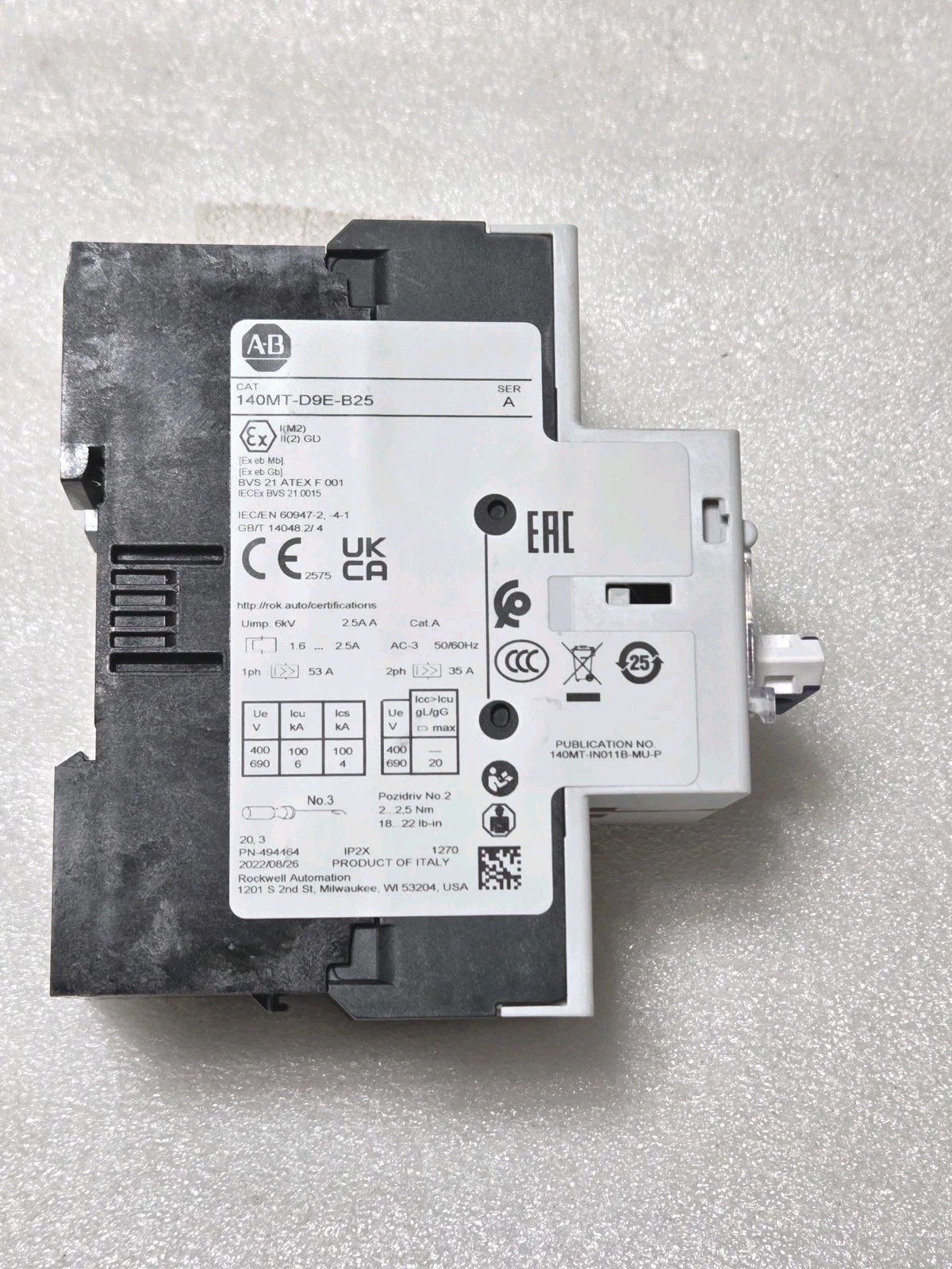 Allen Bradley 140MT-D9E-B25 Series A 1.6–2.5 A Motor Circuit Breaker NOB