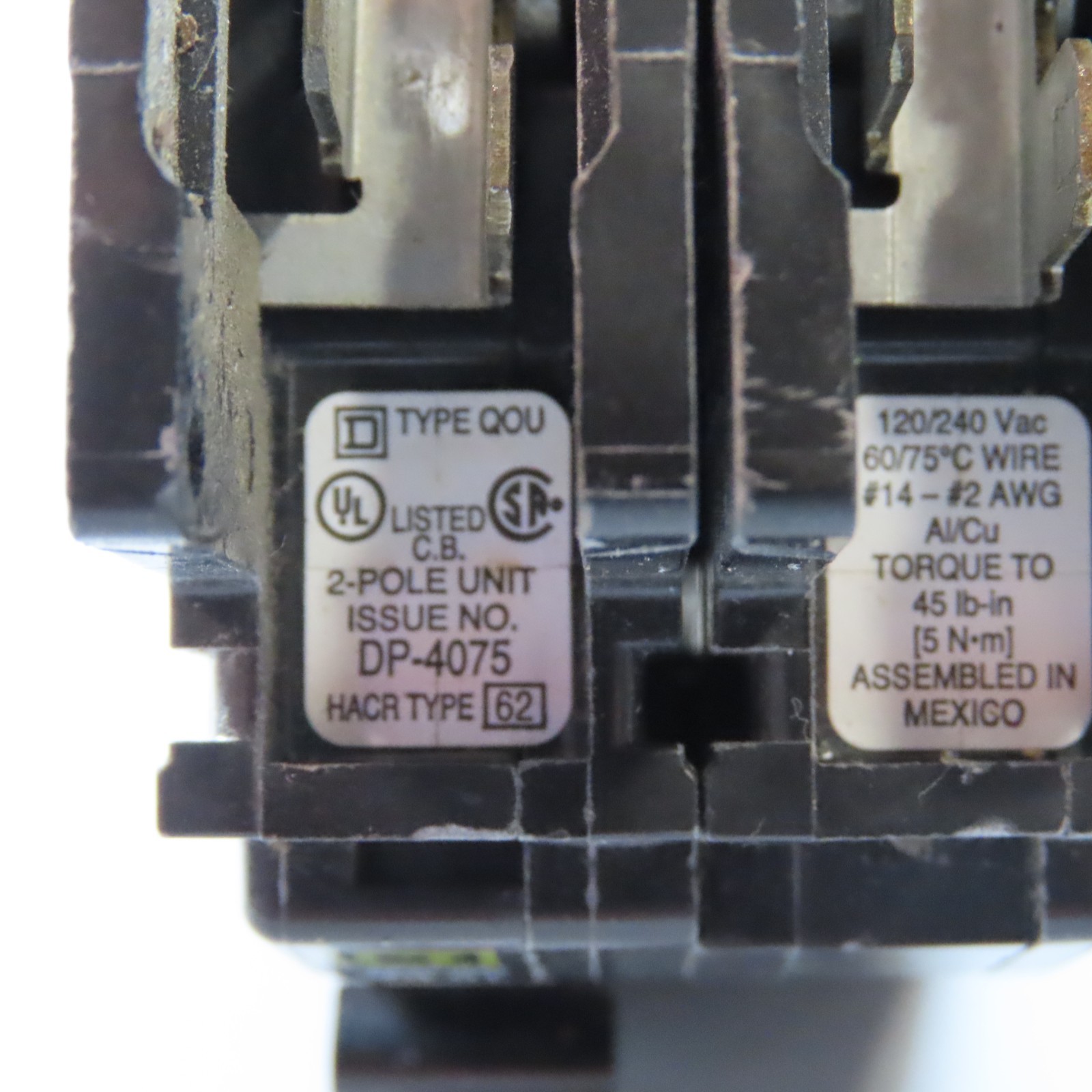 Square D 60 Amp 2 Pole HVAC Specific Breaker Lugs line side Spades load side