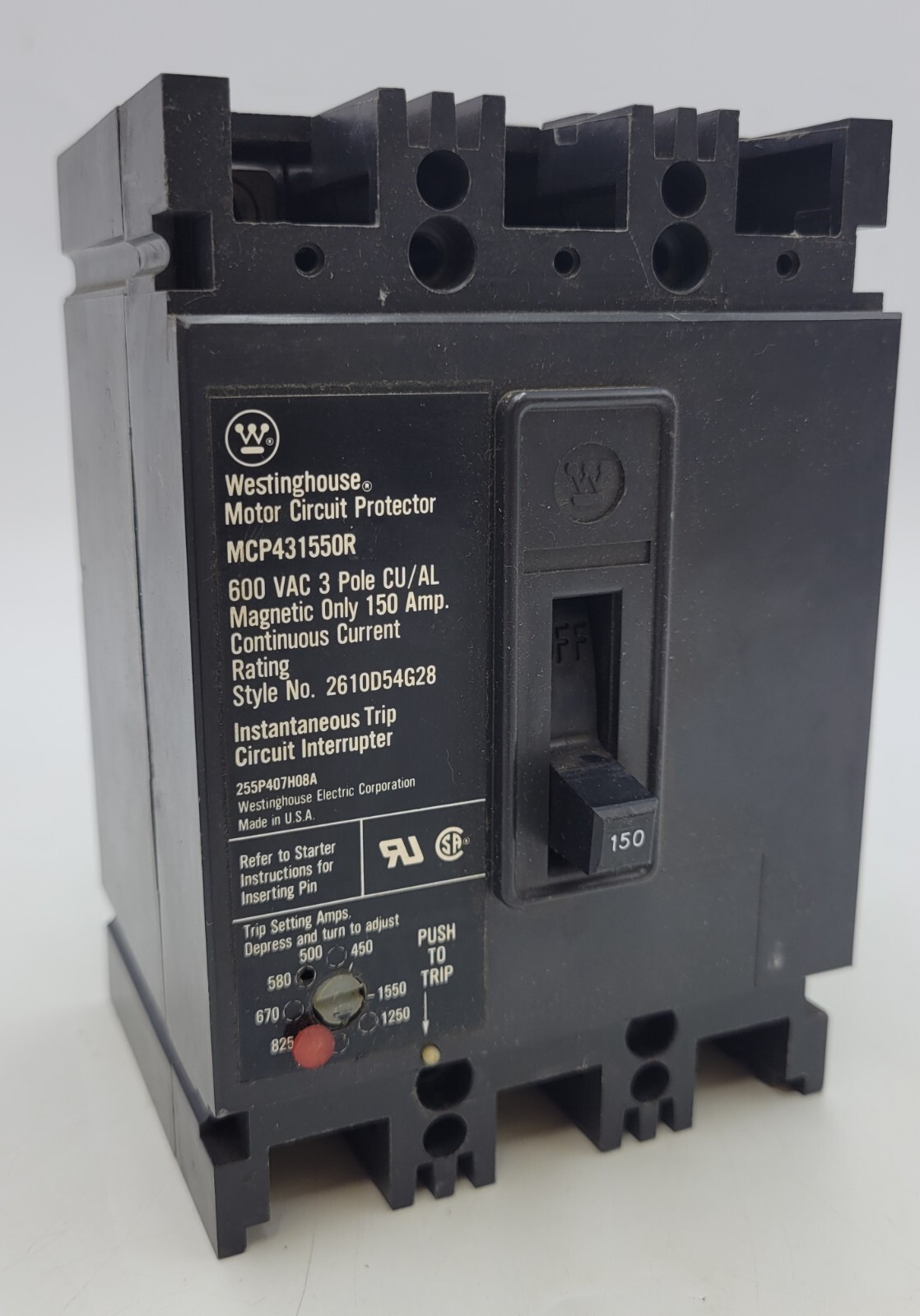 Westinghouse MCP431550R Bolt-On Motor Circuit Protector 150A 600VAC 3P 3PH MCP