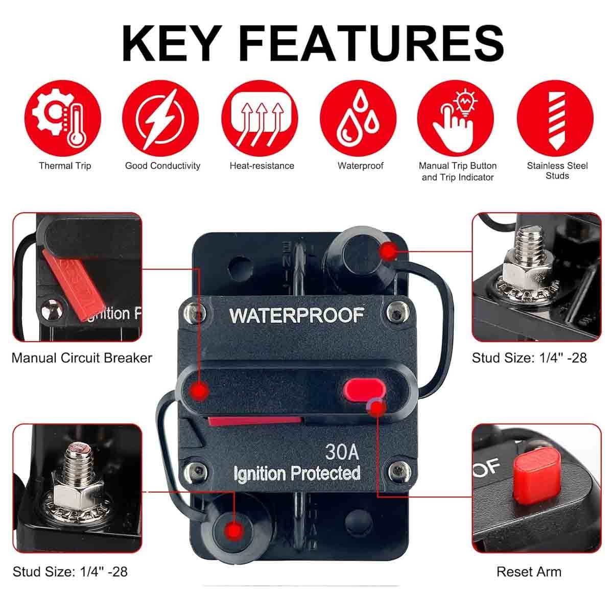 Car circuit breaker 30 amperes 12V-48V DC, with manual reset switch button US