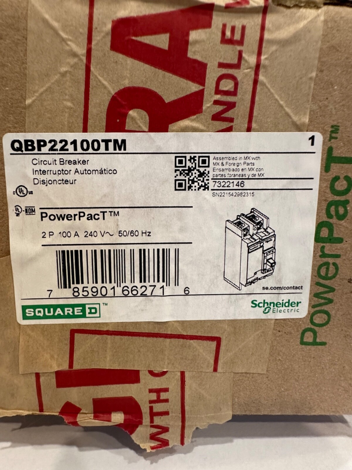 Breaker Schneider Electric -PowerPac T 100A (square D) QBP22100TM -Molded Case