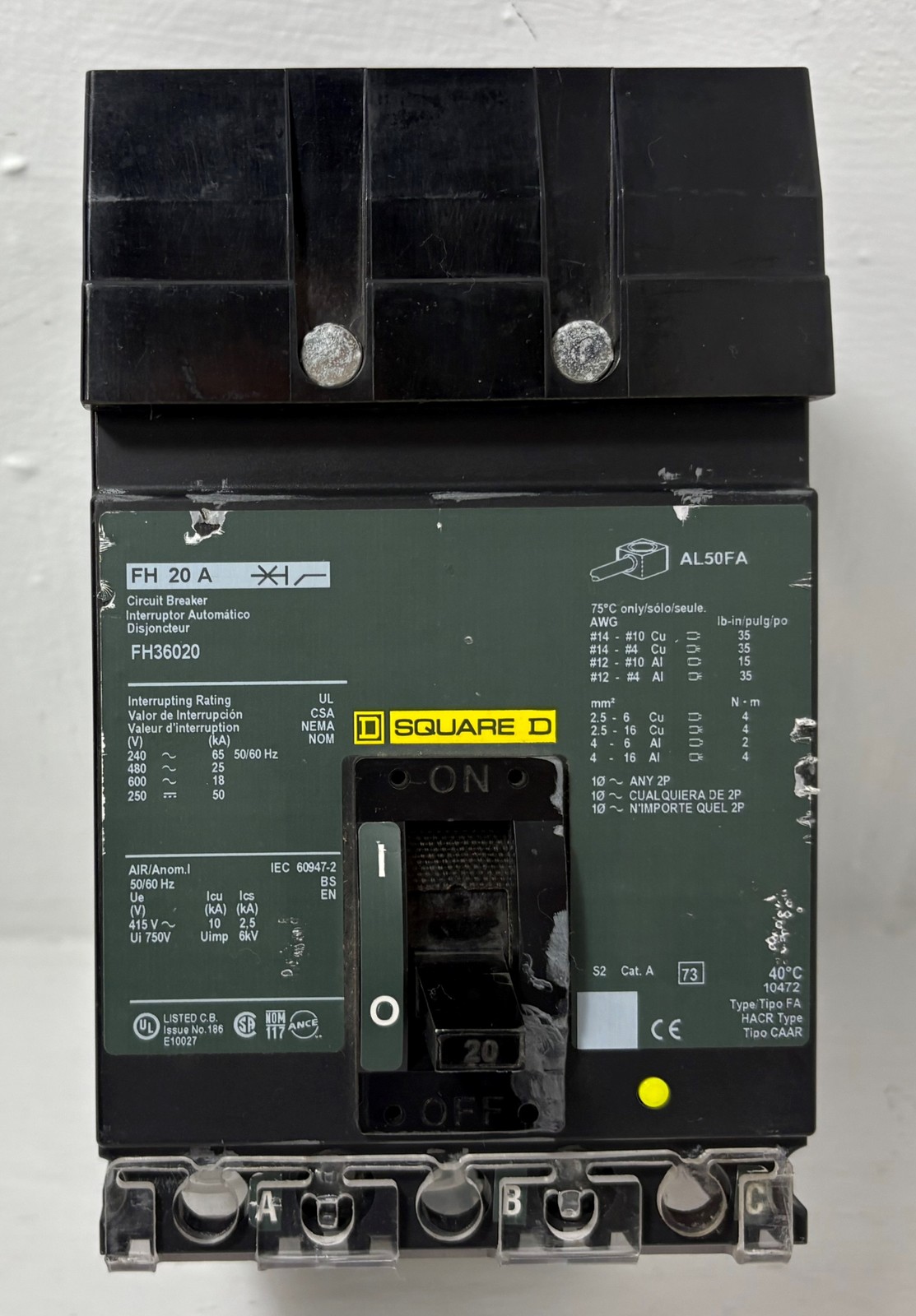Square D I-Line FH36020 20A Circuit Breaker Green Label 600V 3P FA 20 Amp HACR