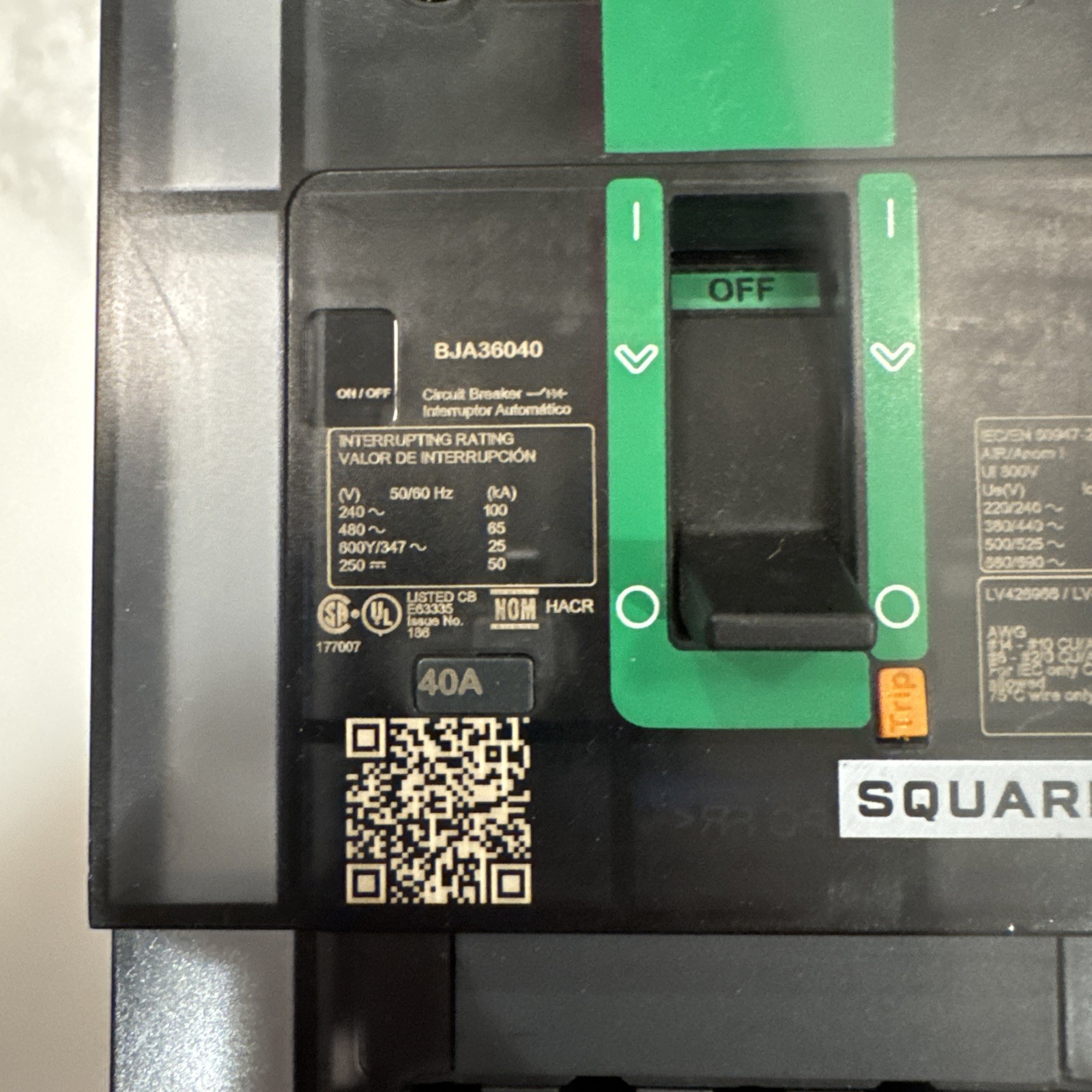 SQUARE D BJA36040 40A 600V 3 POLE I-LINE CIRCUIT BREAKER – New