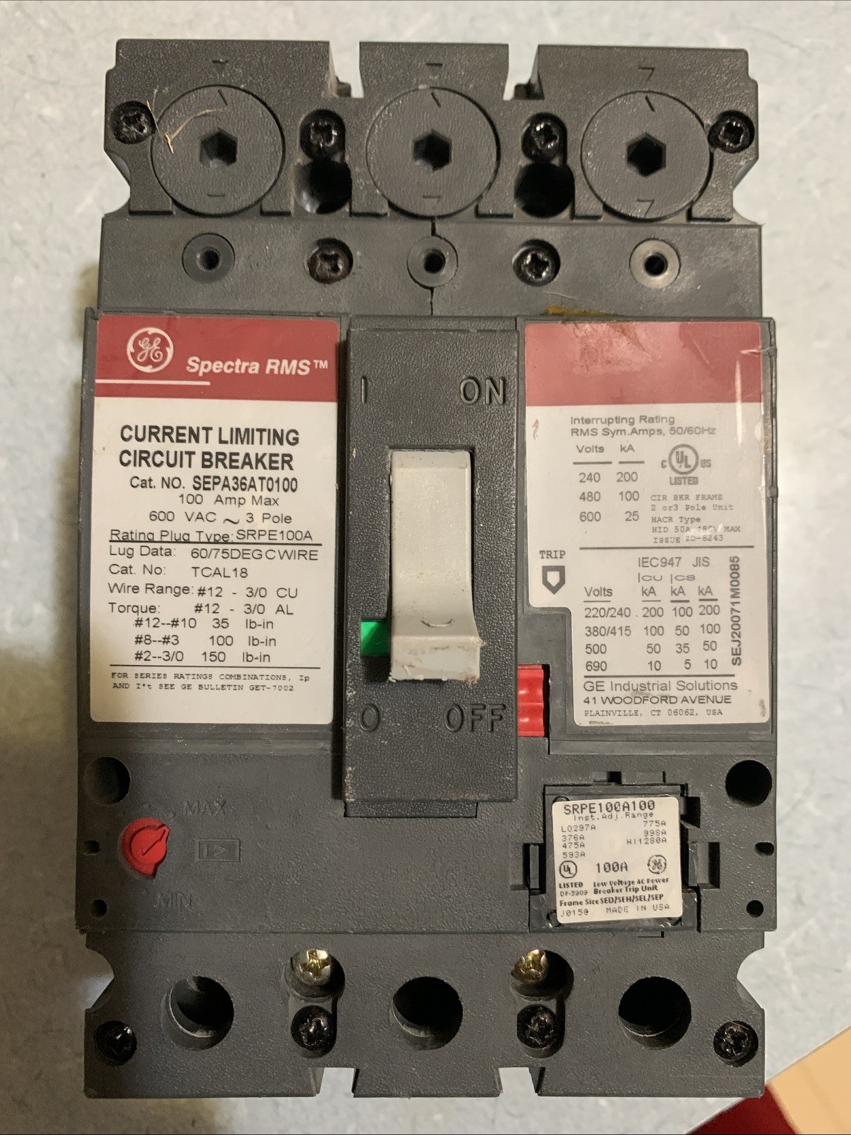 GE Spectra RMS AC Circuit Breaker 100A SEPA36AT0100 600V