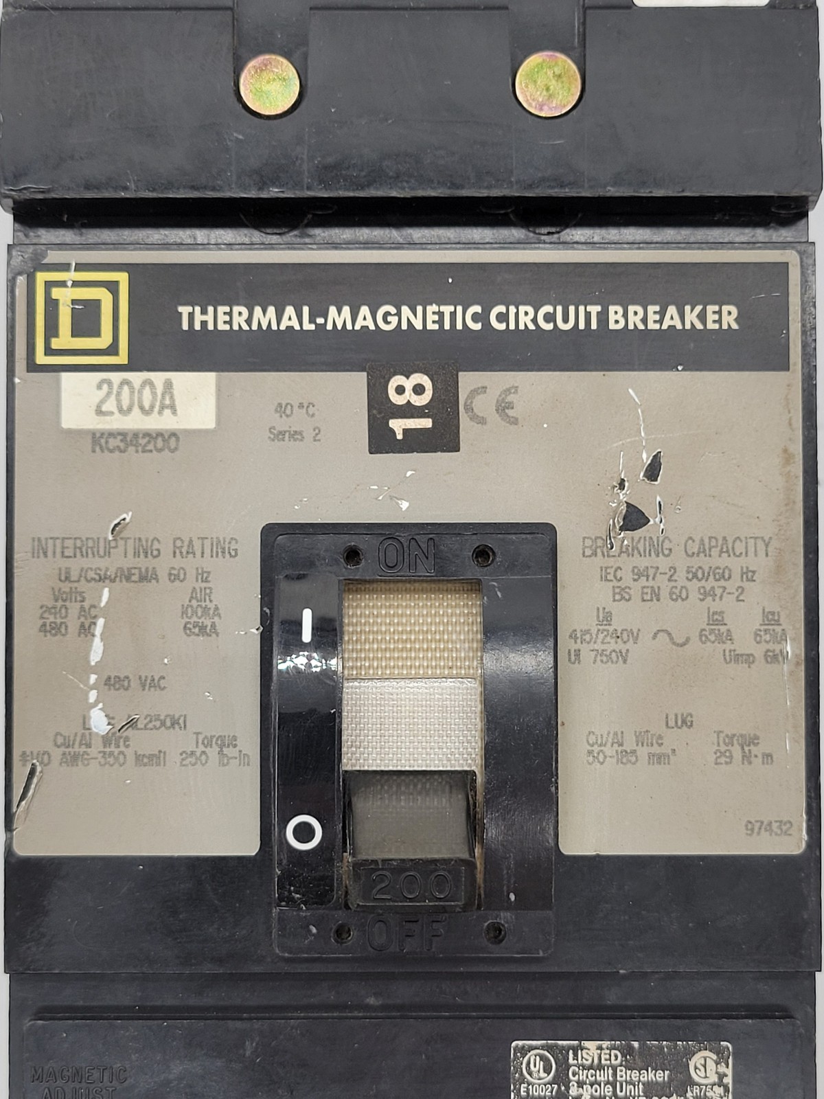 Square D KC34200 Bolt-On Circuit Breaker 200A 3P 3PH 480V 65KA KC Gray