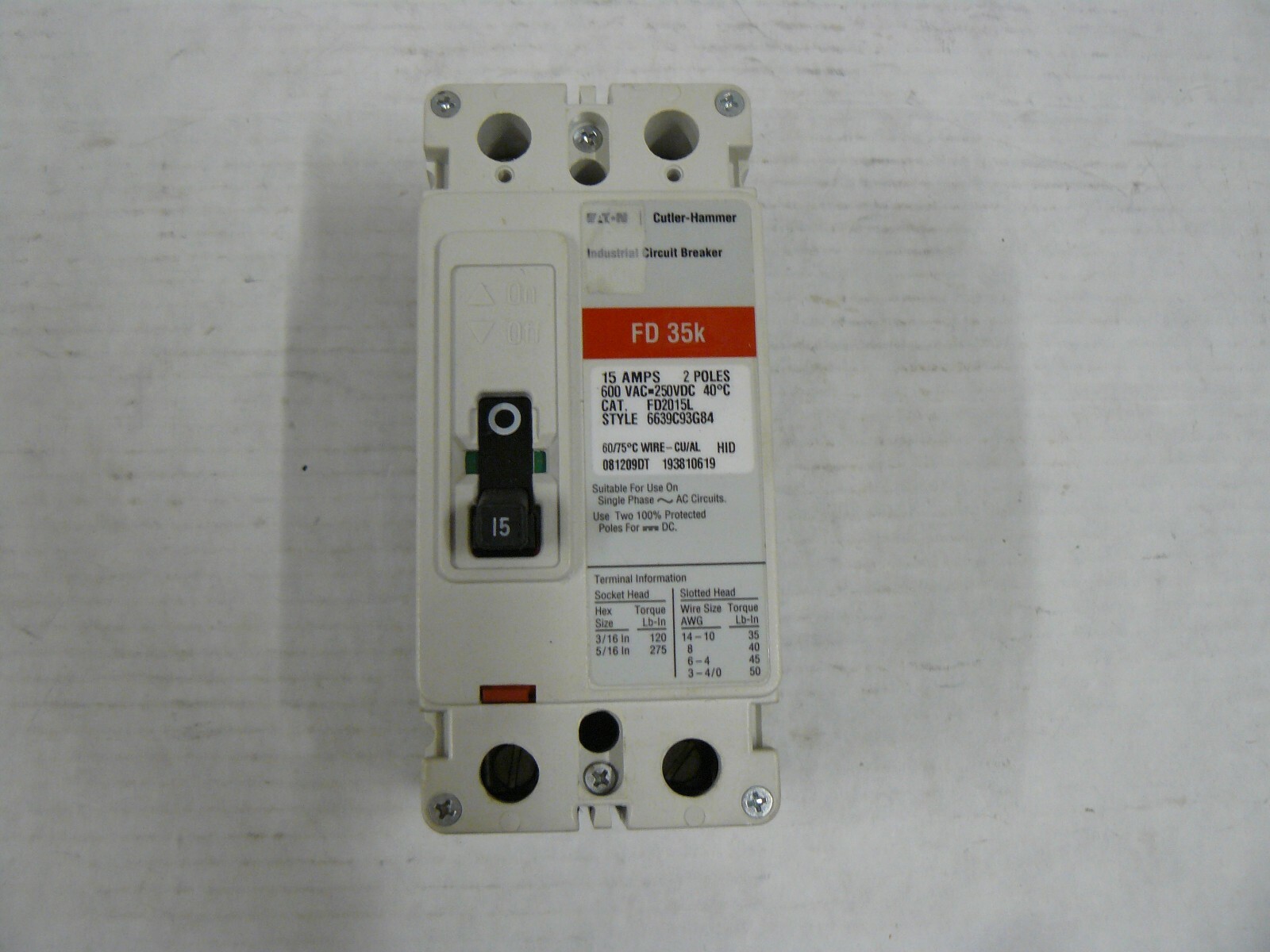CUTLER-HAMMER FD2015L INDUSTRIAL CIRCUIT BREAKER 15AMP 2POLE 600VAC