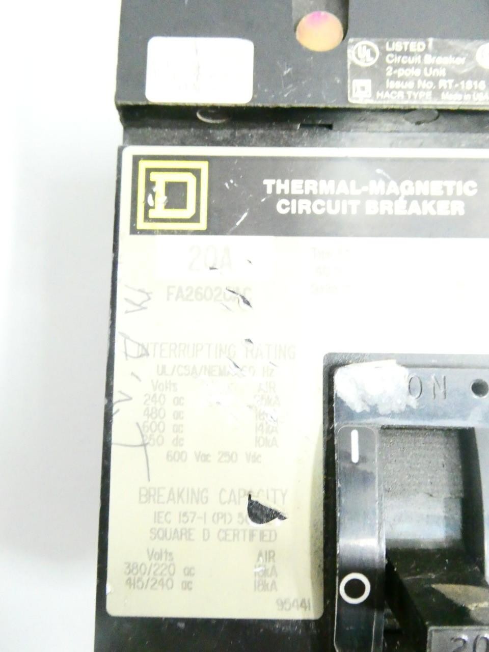 Square D FA26020AC Molded Case Circuit Breaker 2p 20a Amp 240/480/600v-ac
