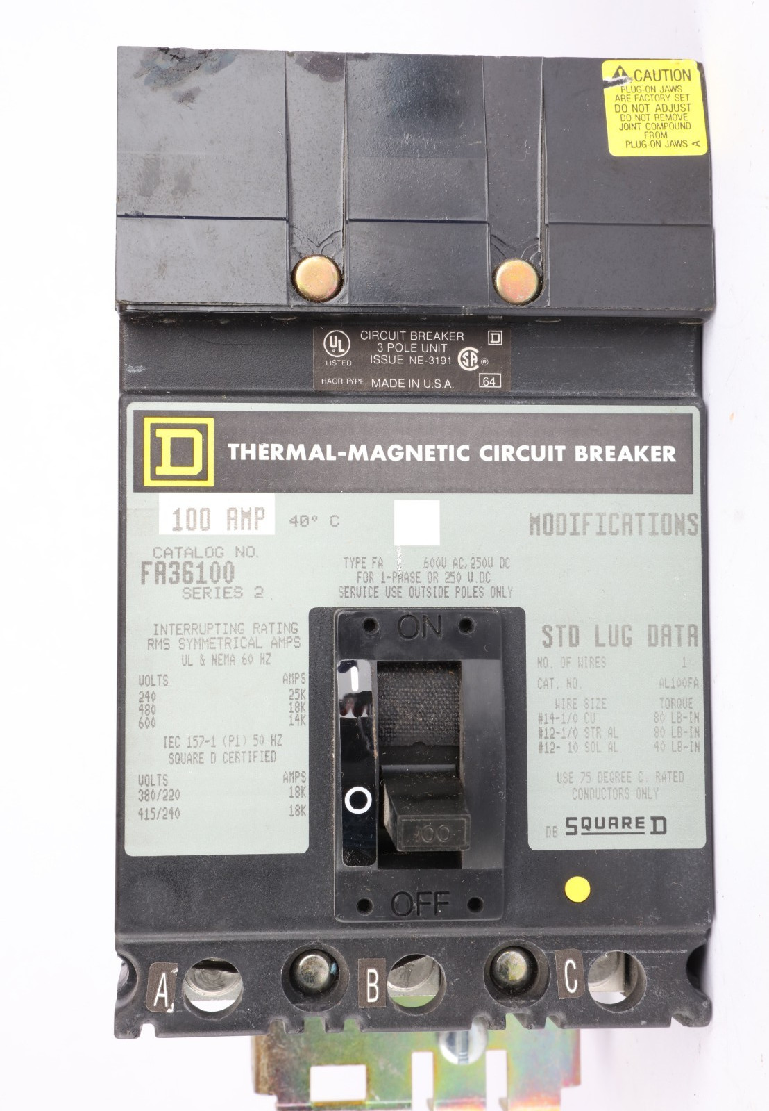 Square D FA36100 Series 2 I-Line Circuit Breaker, 100Amp, 240/480/600 VAC 3-Pole