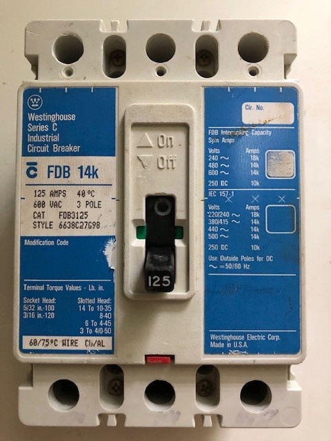 Westinghouse FDB3125 Molded Case Circuit Breaker 125A 3P 600V Series C