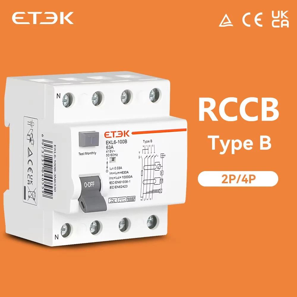 ETEK RCD RCCB Type B Earth Leakage Residual Current Circuit Breaker Evse 2P 4P 4