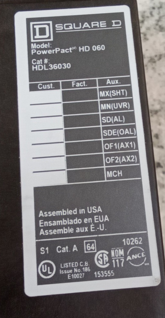 Square D/POWERPACT/BREAKER/HDL36030/30A/3P/600V/HD060/AL150HD/30A RATED/UE(40D3