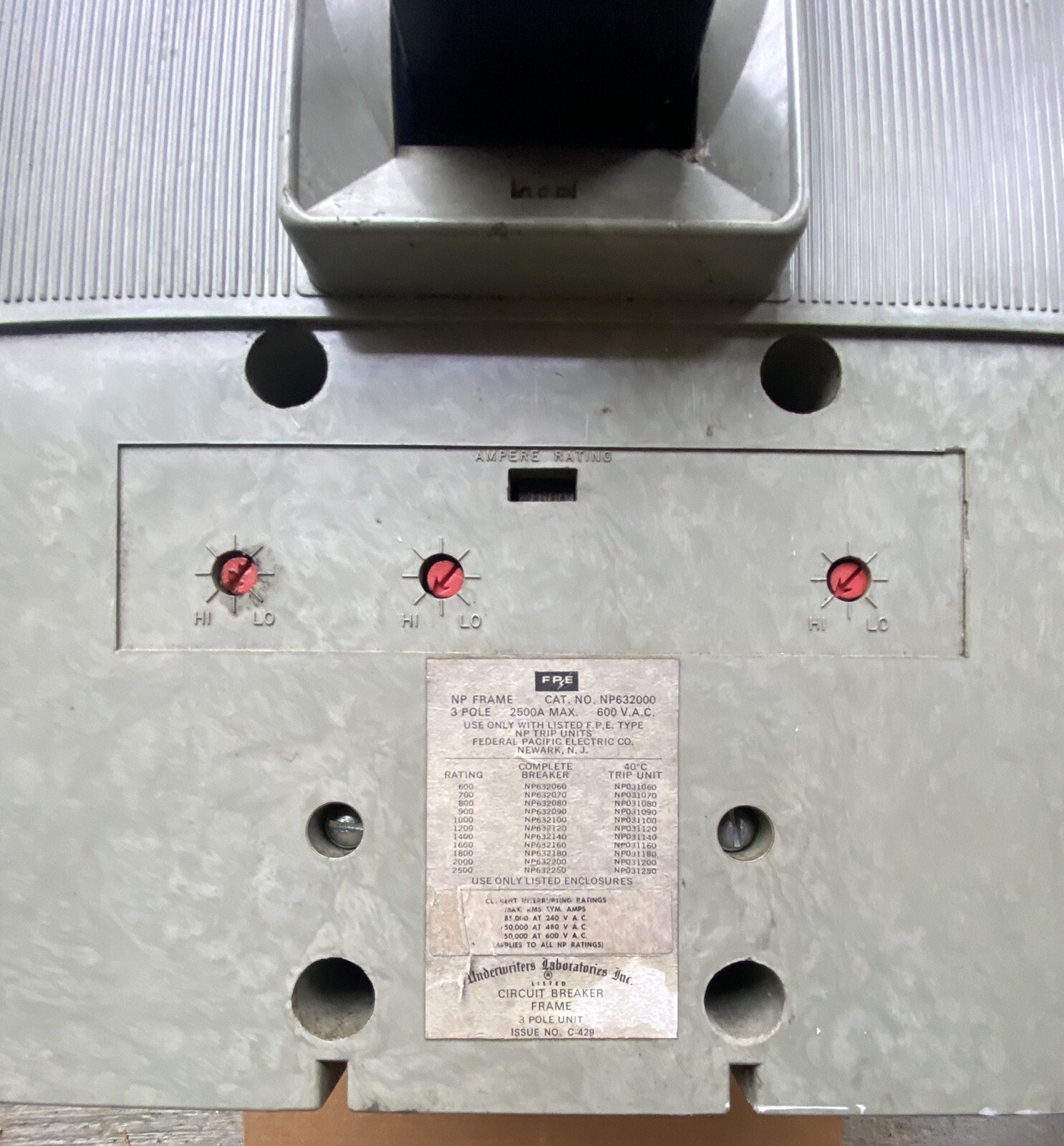 FPE NP632160 2500A Frame 1600A Rated 3P 600V MO/FM Circuit Breaker Used