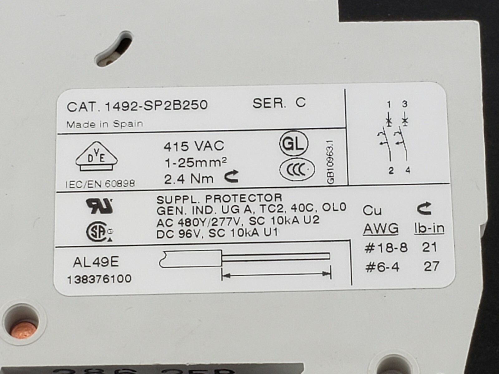 Allen Bradley 1492-SP2B250 Miniature Circuit Breaker Ser. C, 25A, 1492SP2B250