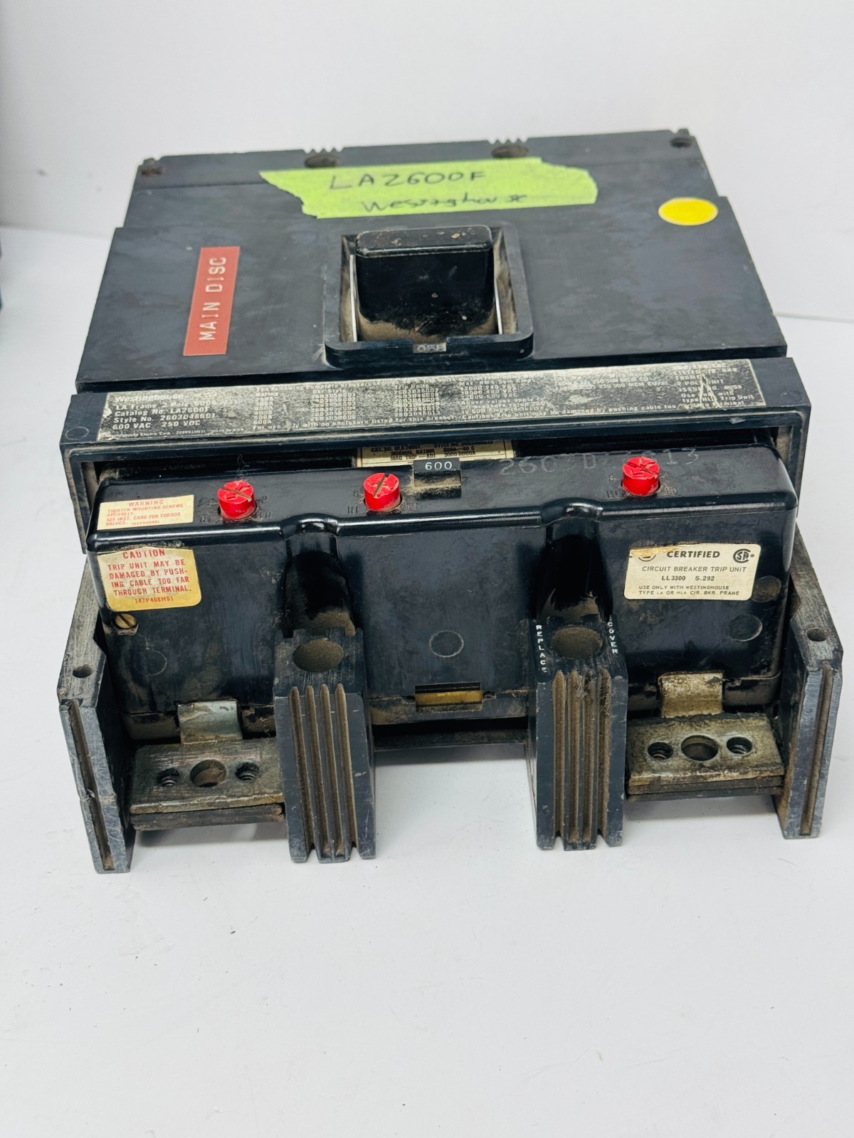 WESTINGHOUSE 600 AMP CIRUCIT BREAKER 2 POLE 600 VAC LA2600F USED