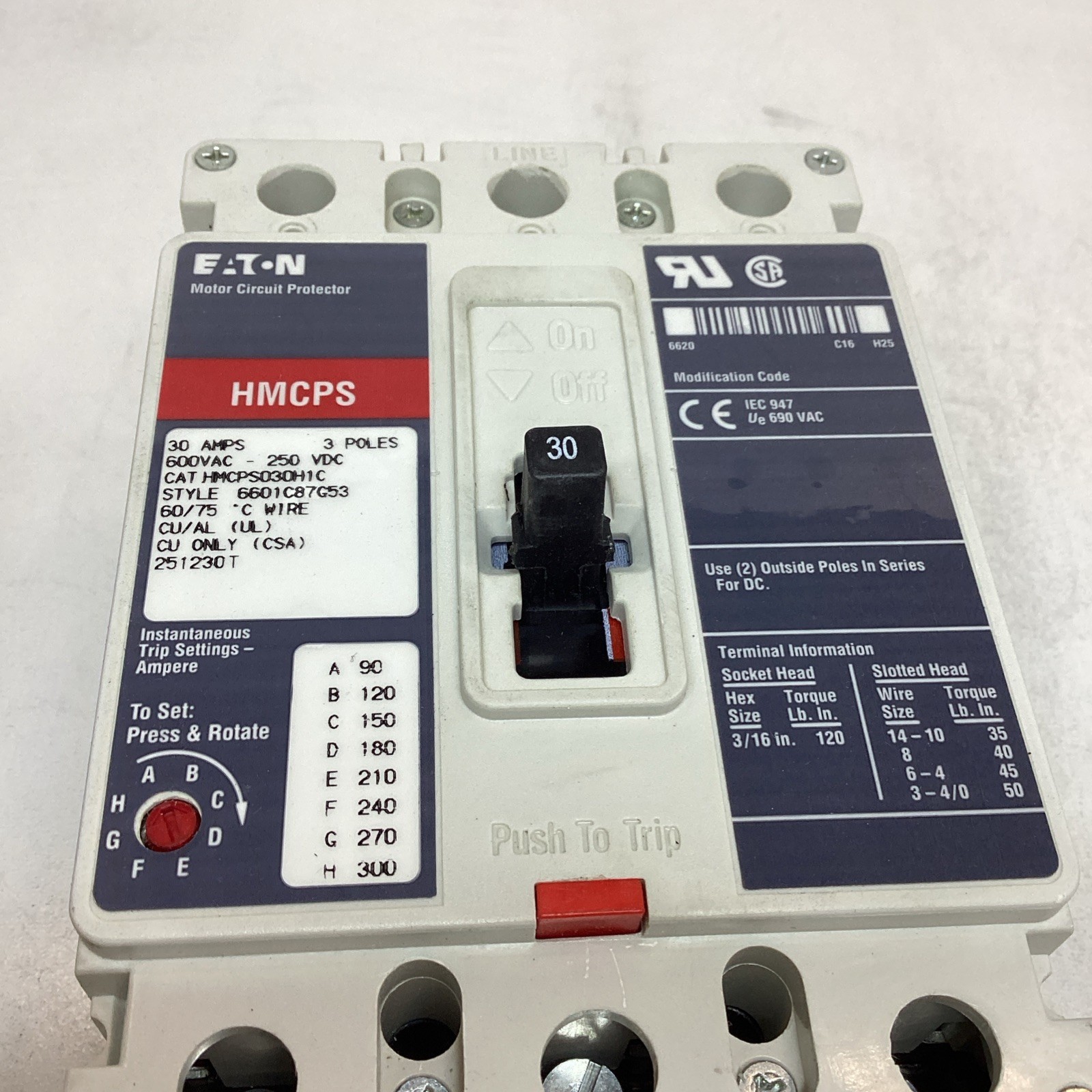 Eaton HMCPS030H1C Molded Case Circuit Breaker Feed Thru 30Amp 3 Pole 600 Vault