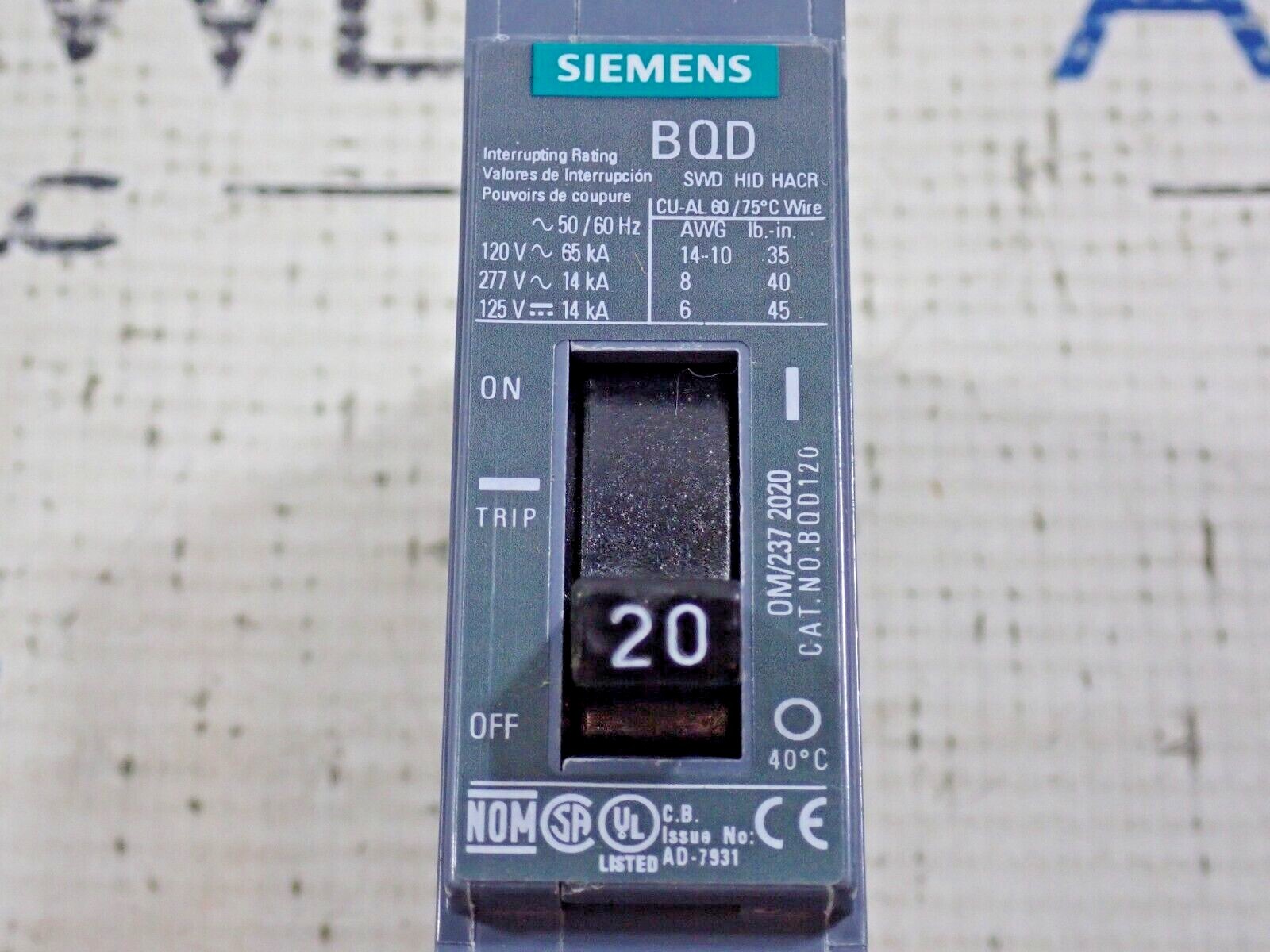 Siemens BQD120 20 Amp 1 Pole 14kA@277V BQD Bolt On Circuit Breaker New Take Out