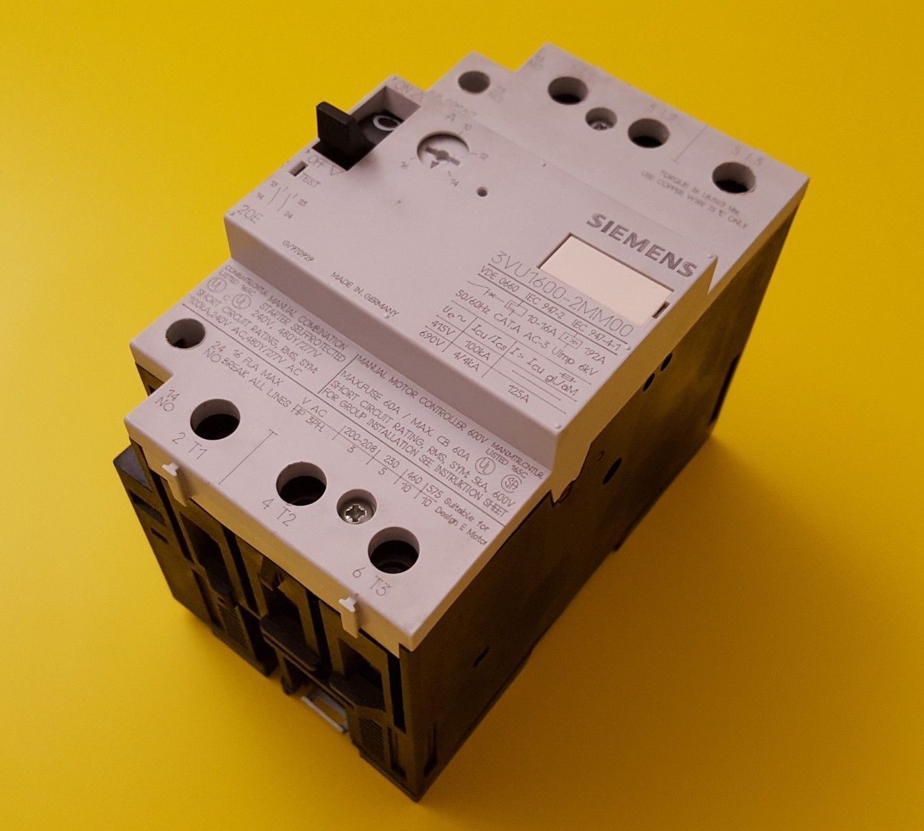 Siemens Circuit Breaker 3VU1600-2MM00 10-16A 3 Pole 600 V Aux. Contacts 2NO