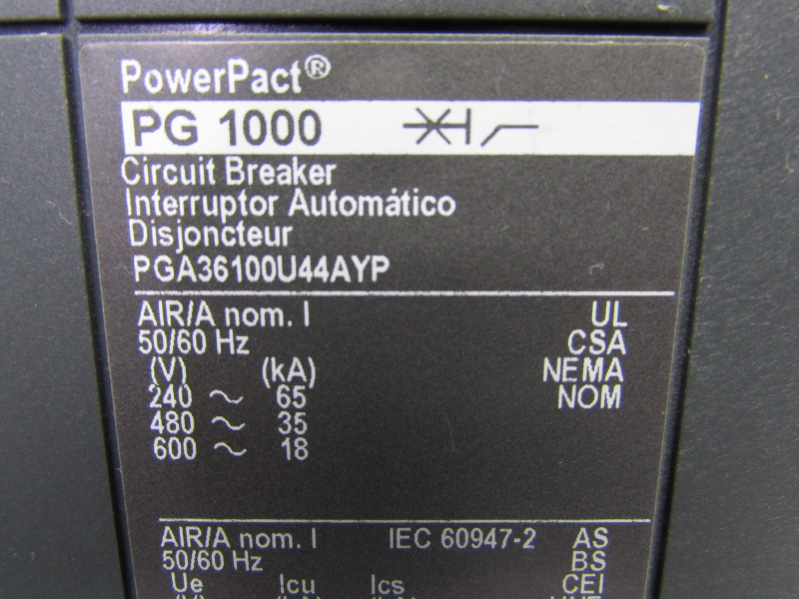 Square D PGA36100U44AYP , PowerPact I-LINE Circuit Breaker , LSIG, 3P/600V/1000A