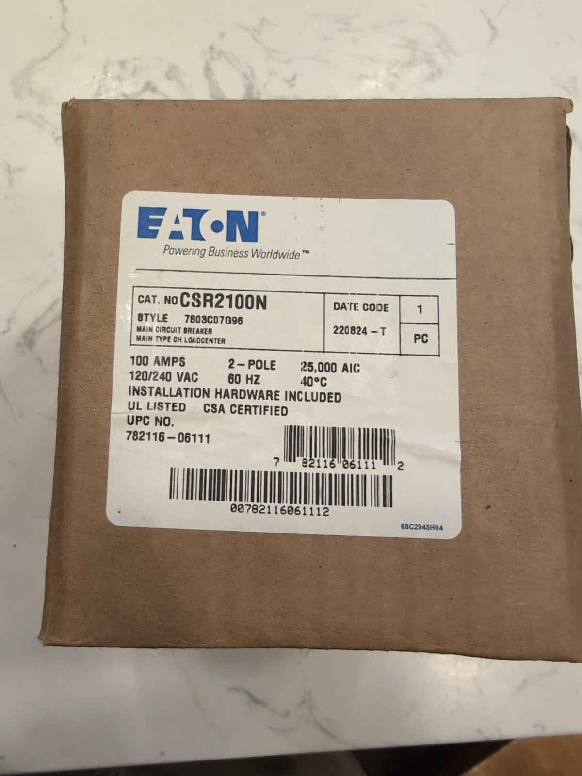 Eaton CSR2100 Type CSR 2-Pole 100A 120/240 VAC Molded Case Circuit Breaker