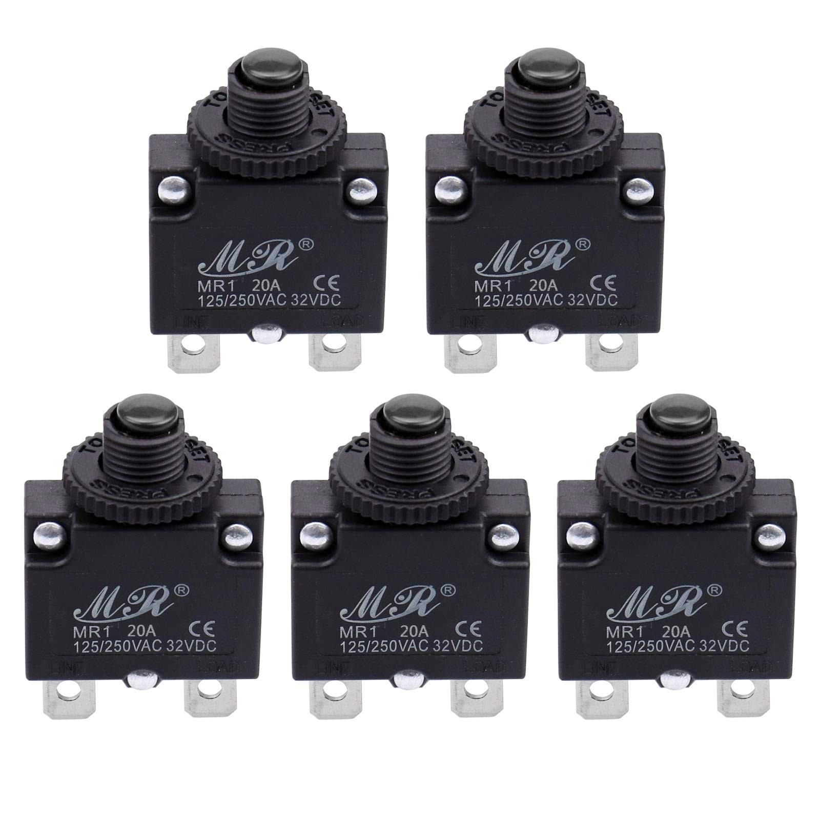 5 PCS 20A Thermal Circuit Breaker 125/250V AC 32V DC Push Button Manual