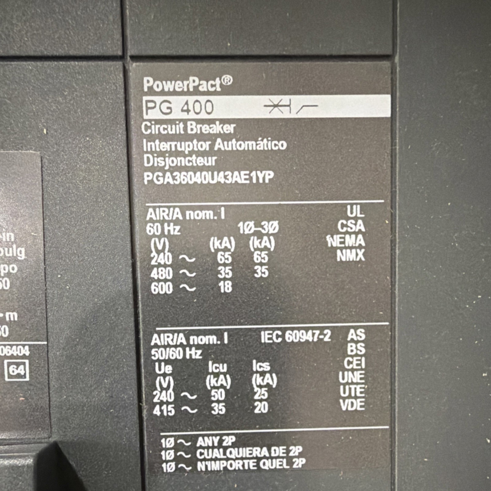Square D PowerPact PG 400 400A 3-Pole Circuit Breaker Trip Indicator 240-600V