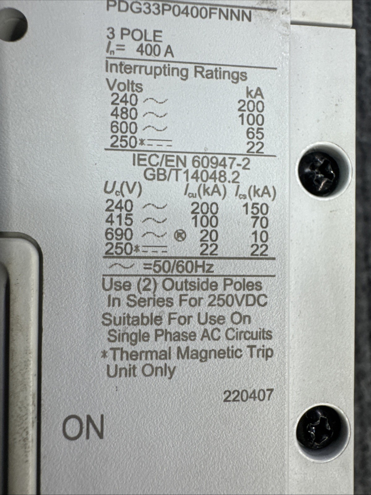 EATON Circuit Breaker PDG3XST250ACDCS PDG3 300A 200KA 400A Frame 3 Pole Phase