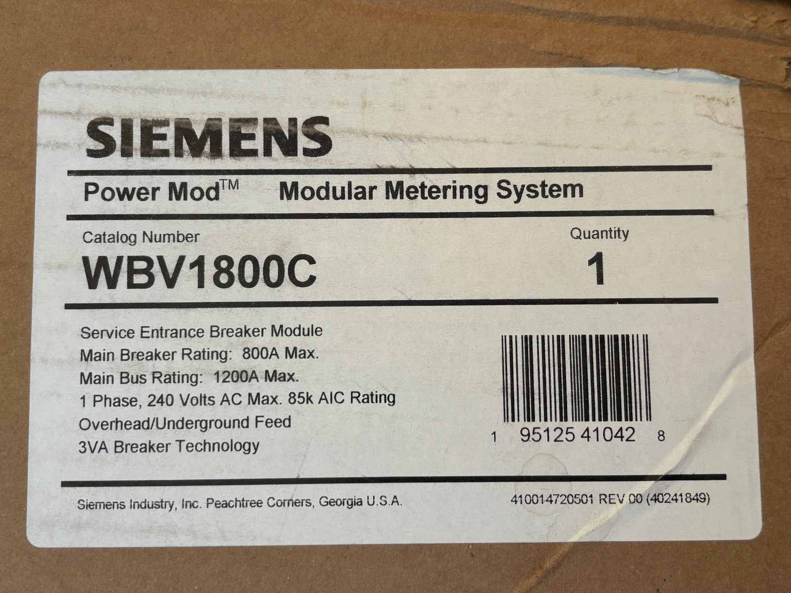 SIEMENS WBV1800C 800A Power Mod Service Entrance Module WB1800C Single Phase