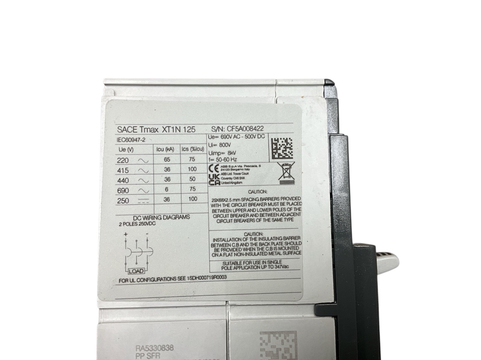 ABB SACE Tmax XT1N 125 Circuit Breaker 3 Pole 90A XT1S TMF 40-500 New