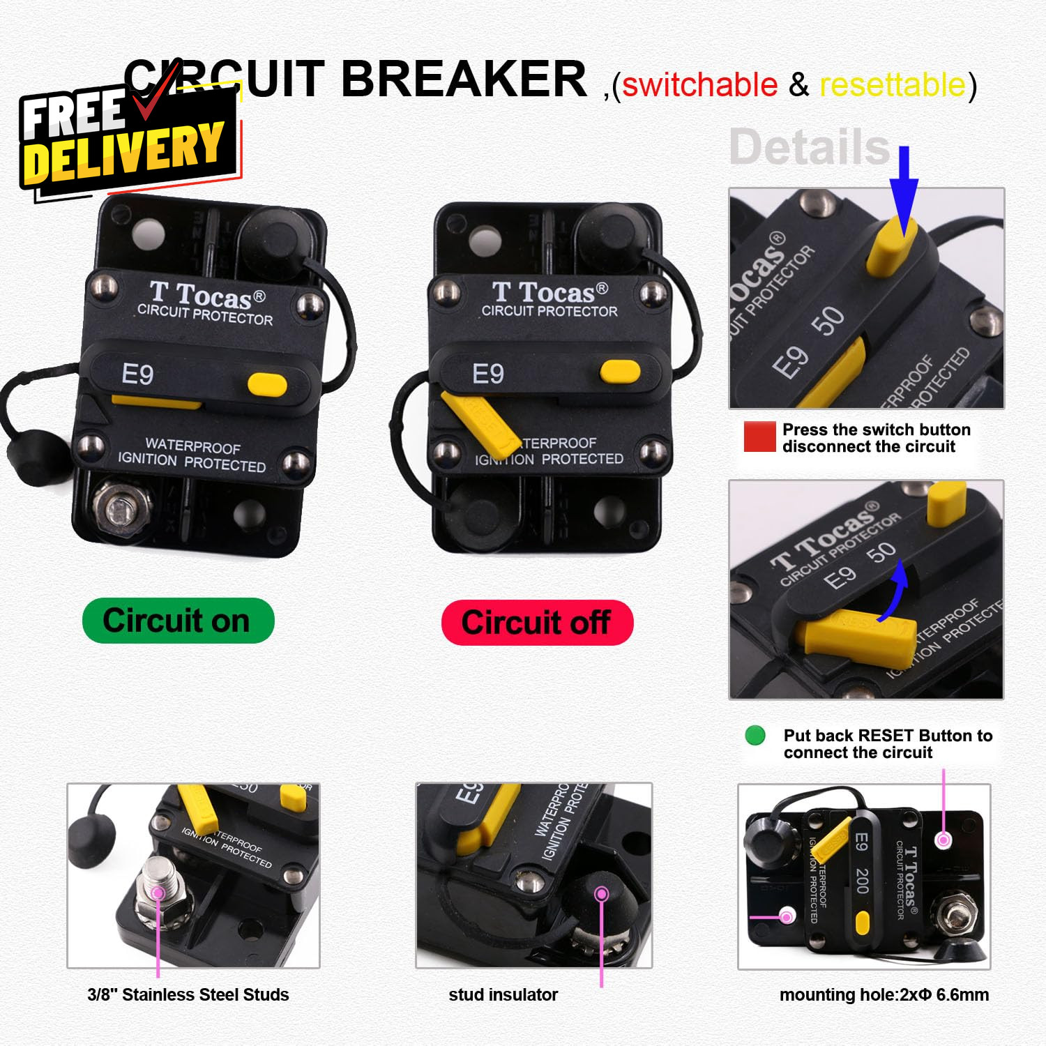 E9 T3 Hi Amp 200A 3/8 Studs Circuit Breaker with Manual Reset 12V – 48V DC
