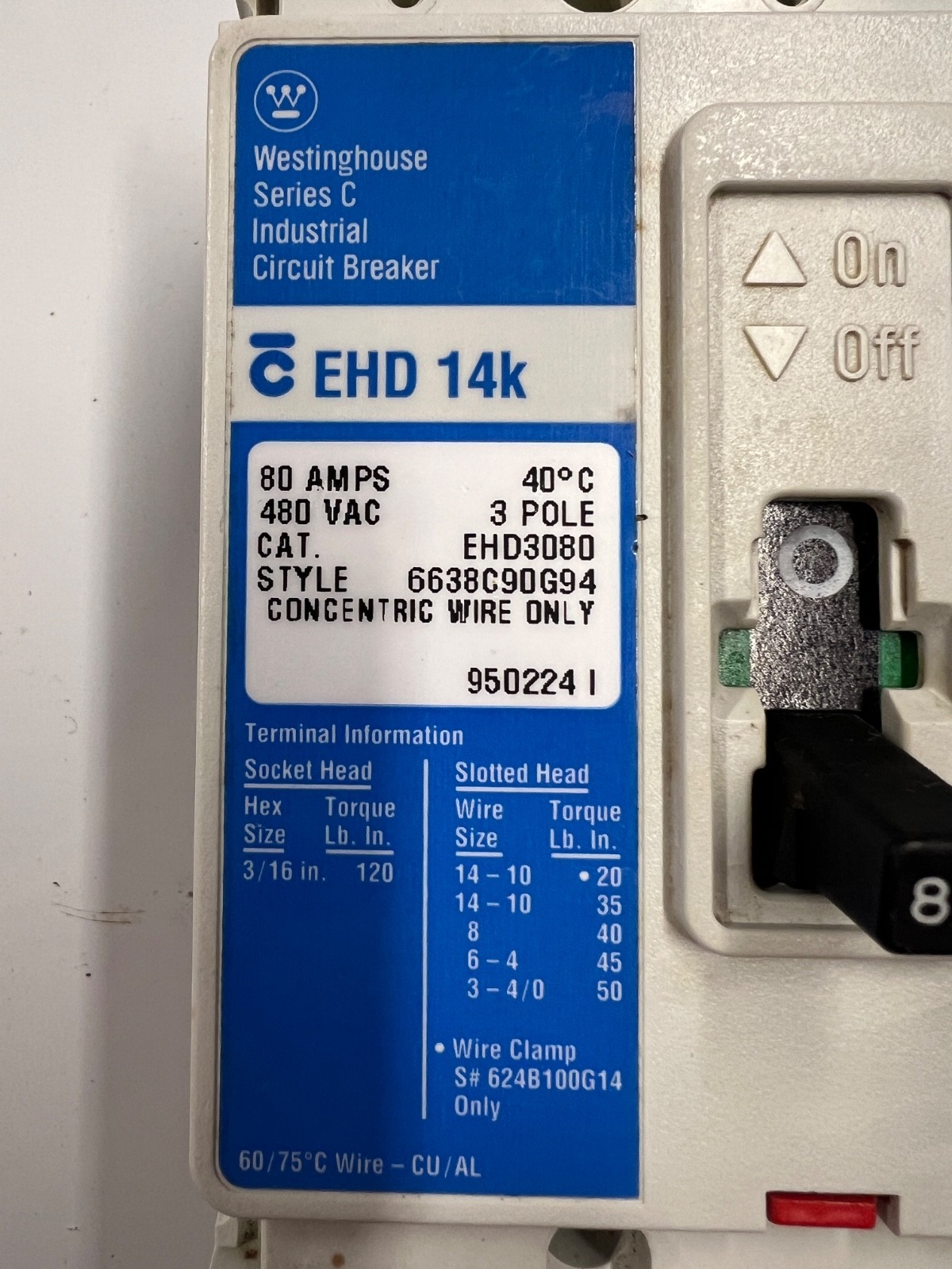 Westinghouse EHD3080 EHD 80A 80 Amps 480V 3 Pole Circuit Breaker Eaton Cutler