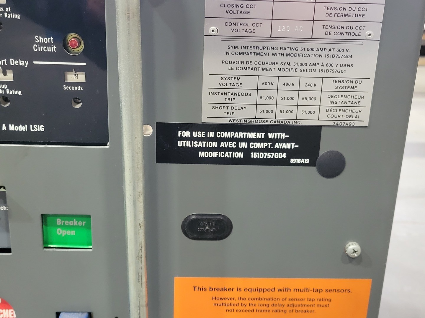 Westinghouse DS416C 1600 Amp 3 Pole Low-Voltage Power Circuit Breaker