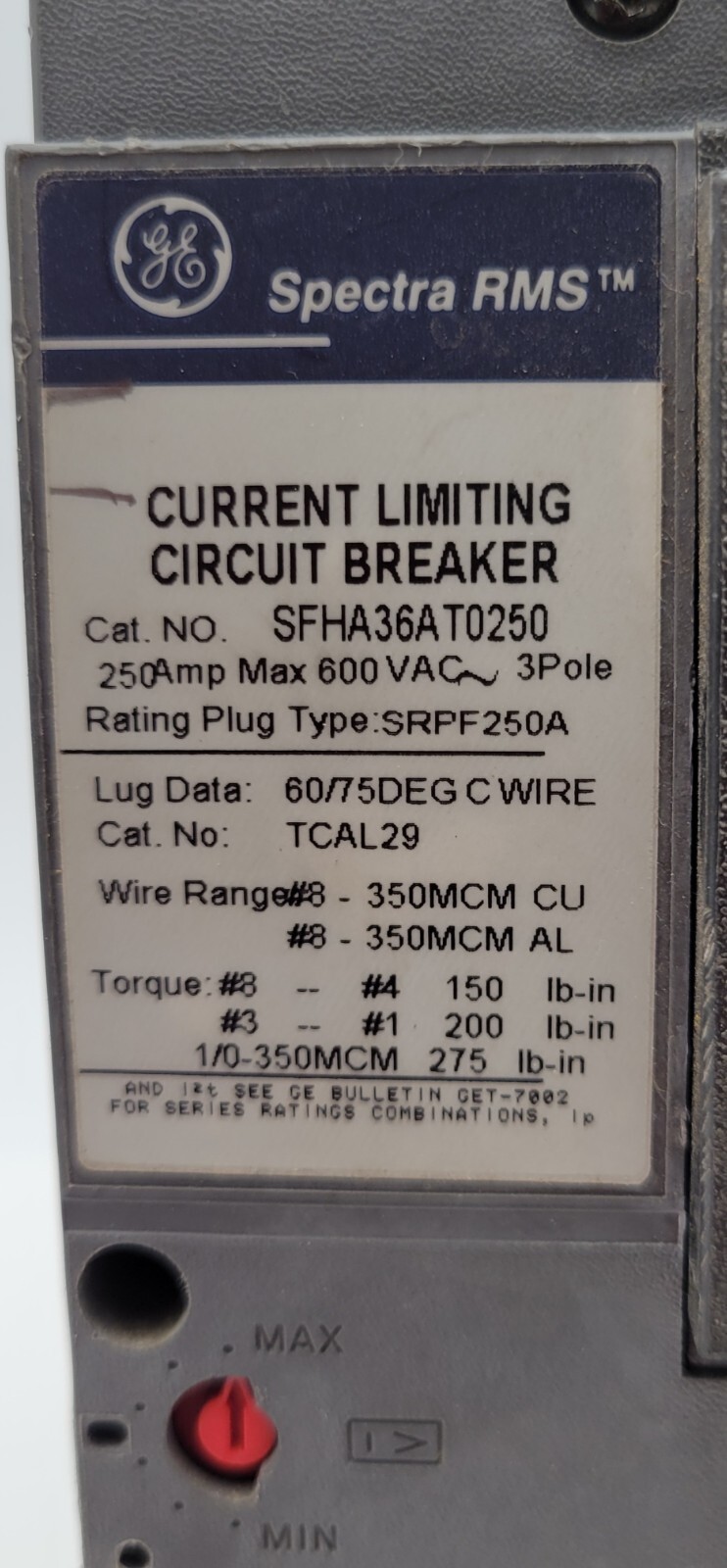 GE SFHA36AT0250 Circuit Breaker 250A 600VAC 3P 3PH Type SFHA SRPF250A Plug 200A
